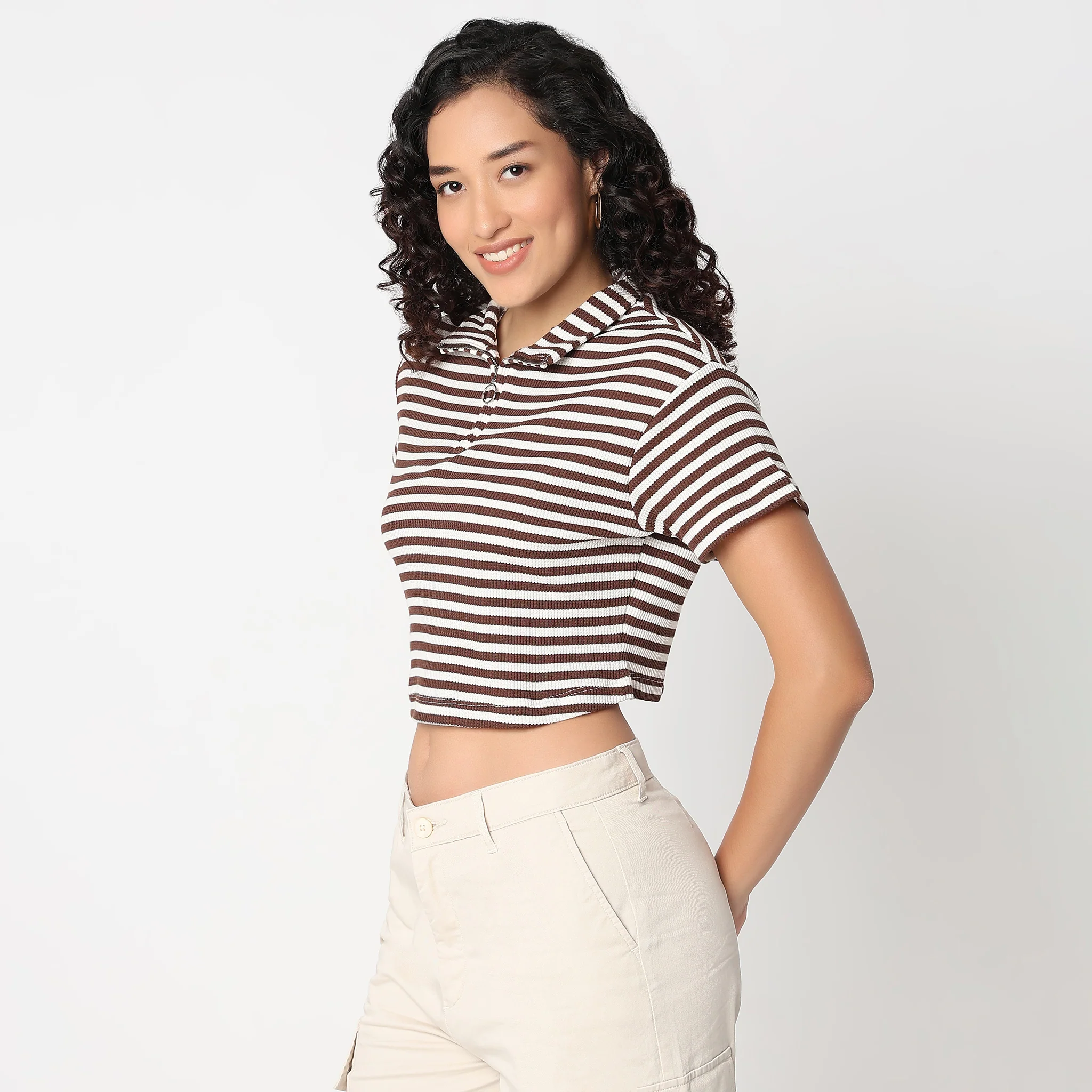 Striped Boxy Fit T-Shirt With Zipper - Image 5