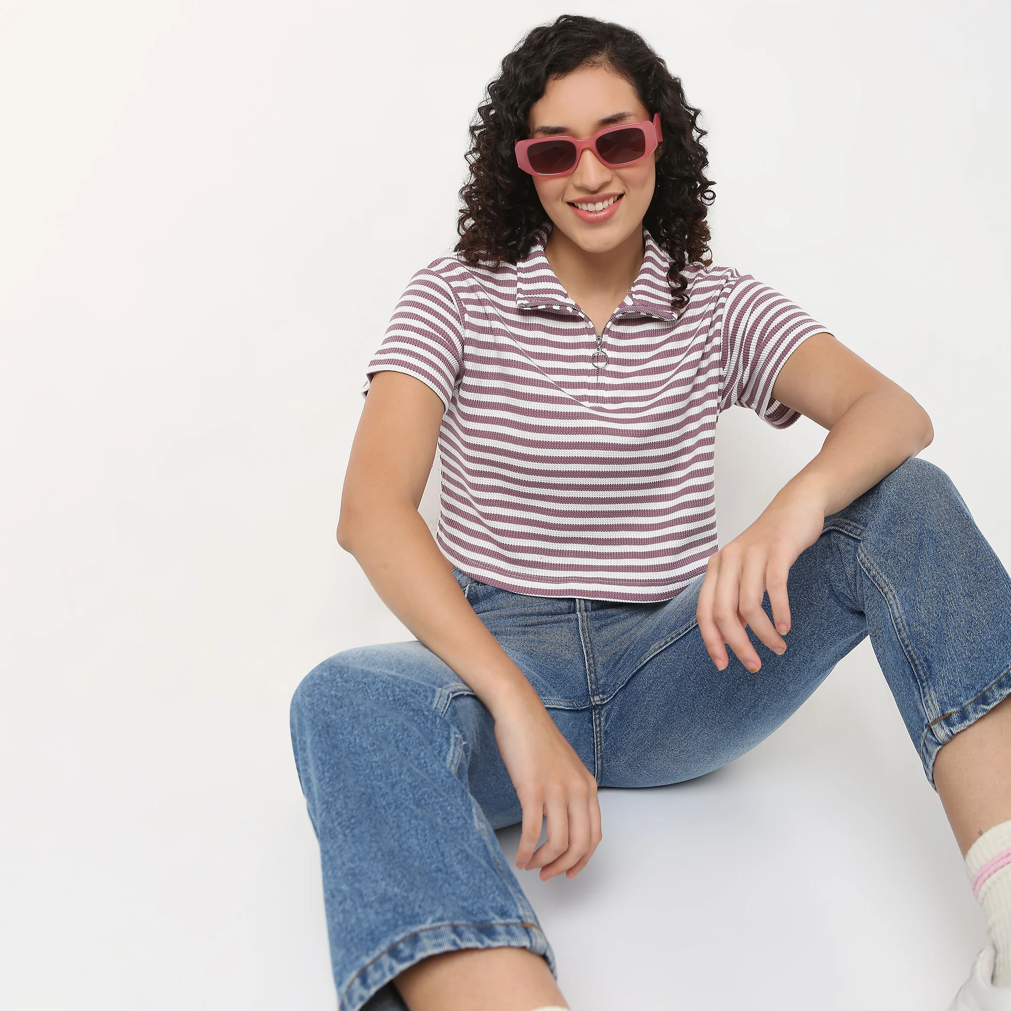 Striped Boxy Fit T-Shirt With Zipper - Image 6