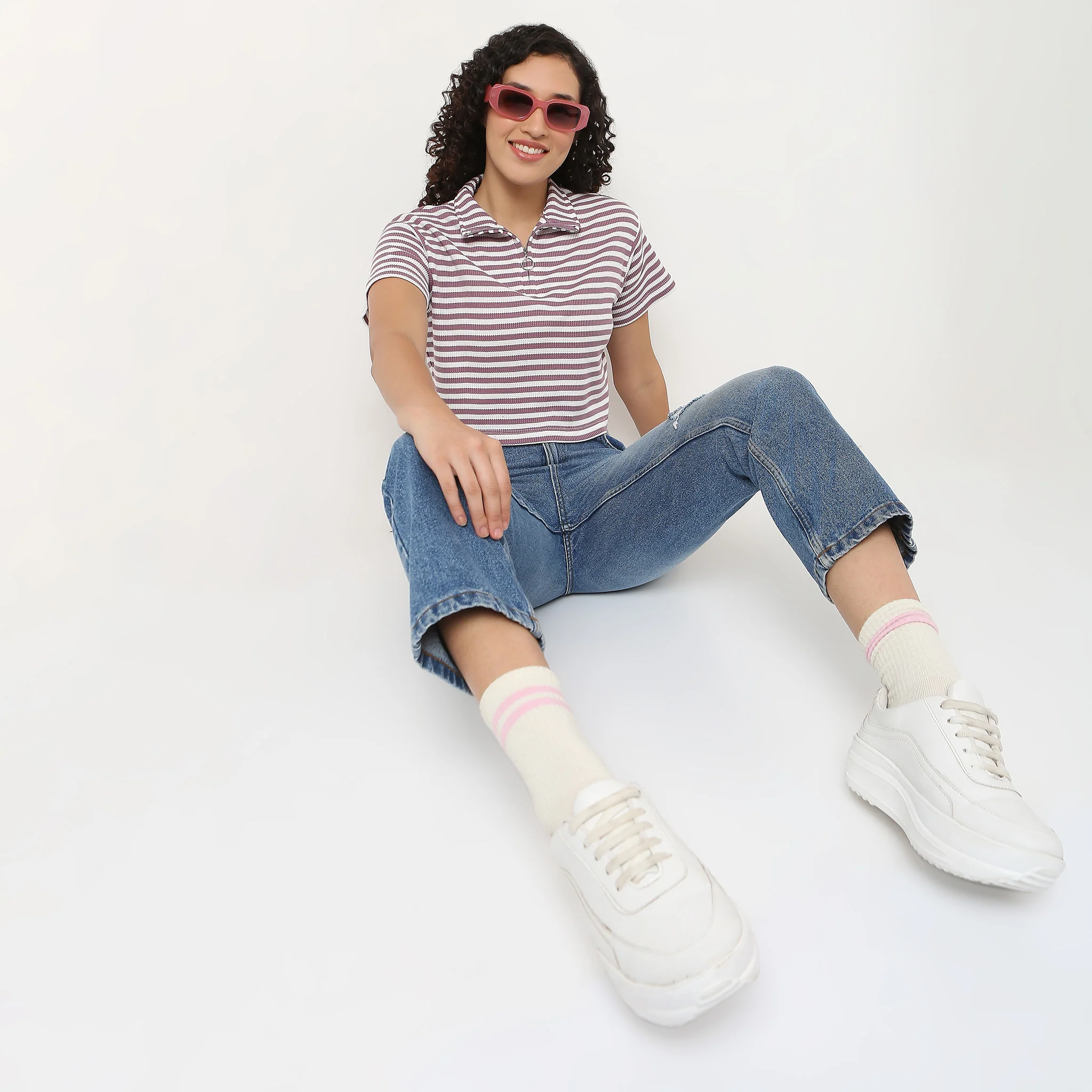 Striped Boxy Fit T-Shirt With Zipper - Image 7