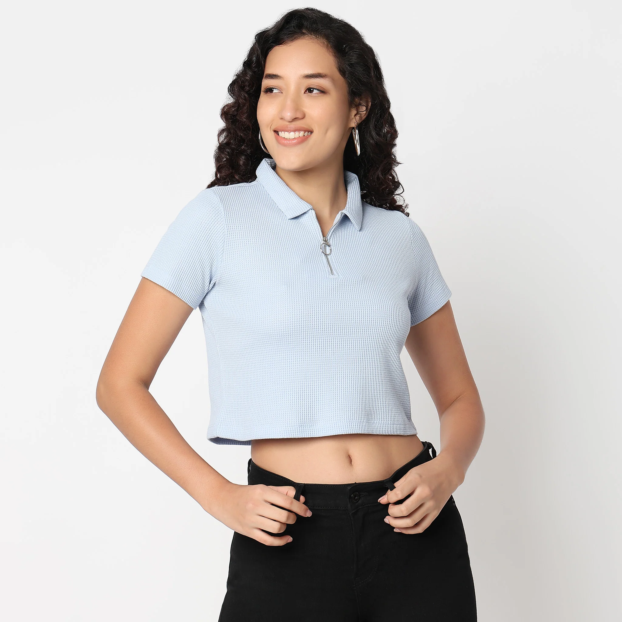 Betty Essential T-Shirt With Collar And Partial Metal Zip Open - Image 2