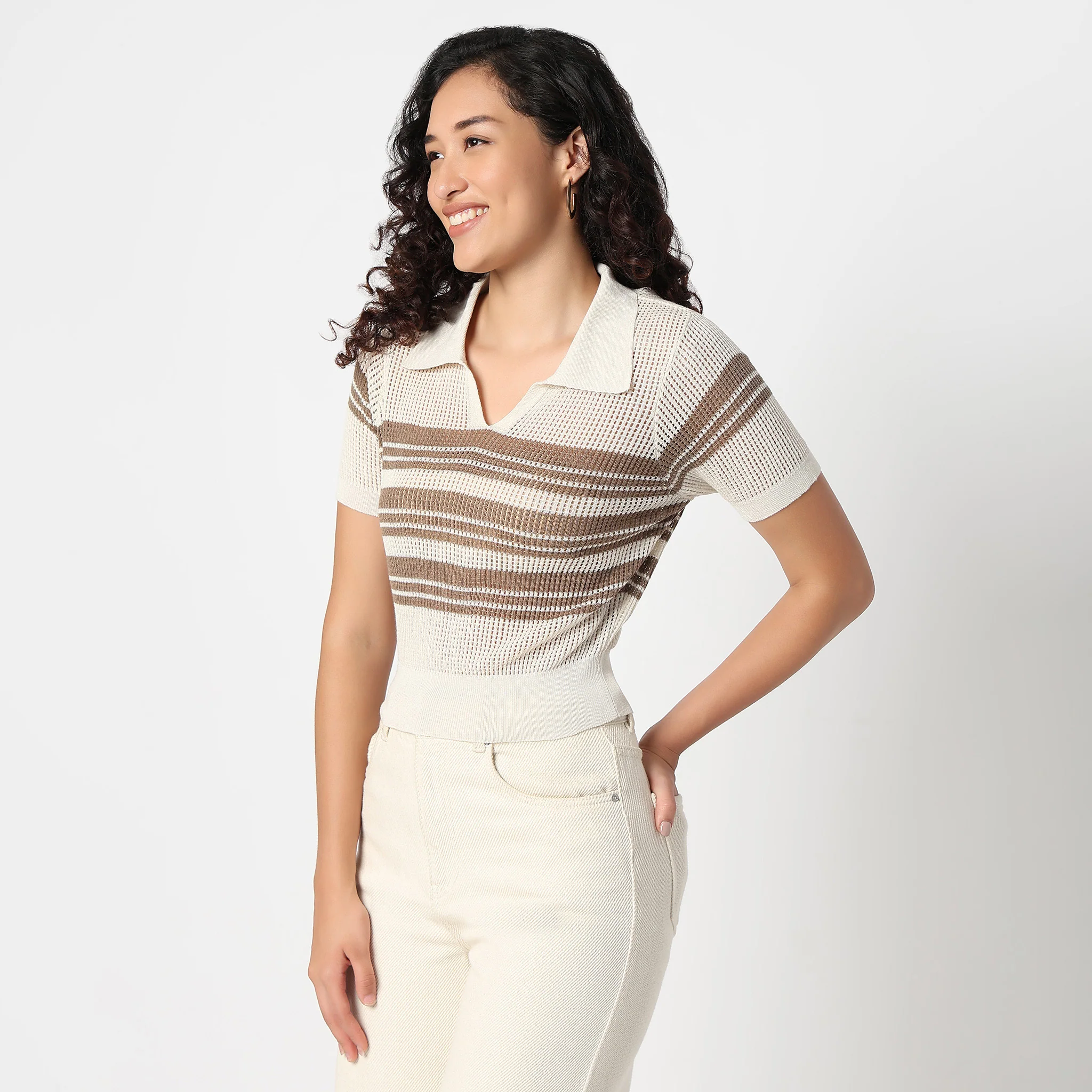 Betty Fashion Striped Detail Knitted T-Shirt - Image 5