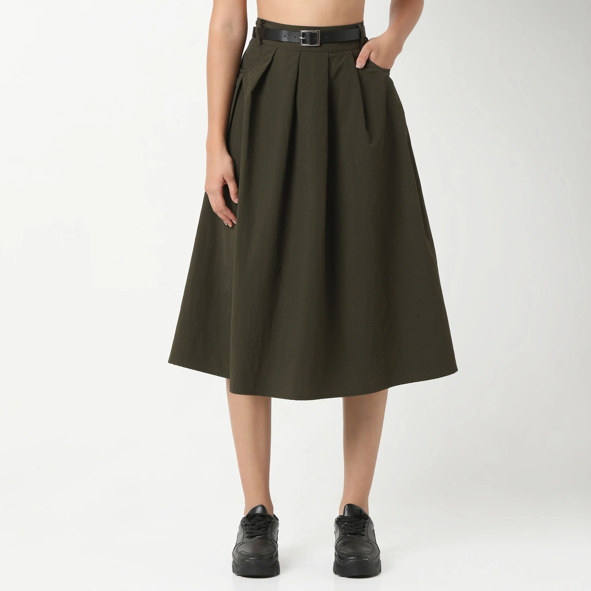 Betty Olive Midi Skirt With Belt Detailing At Waist - Image 2