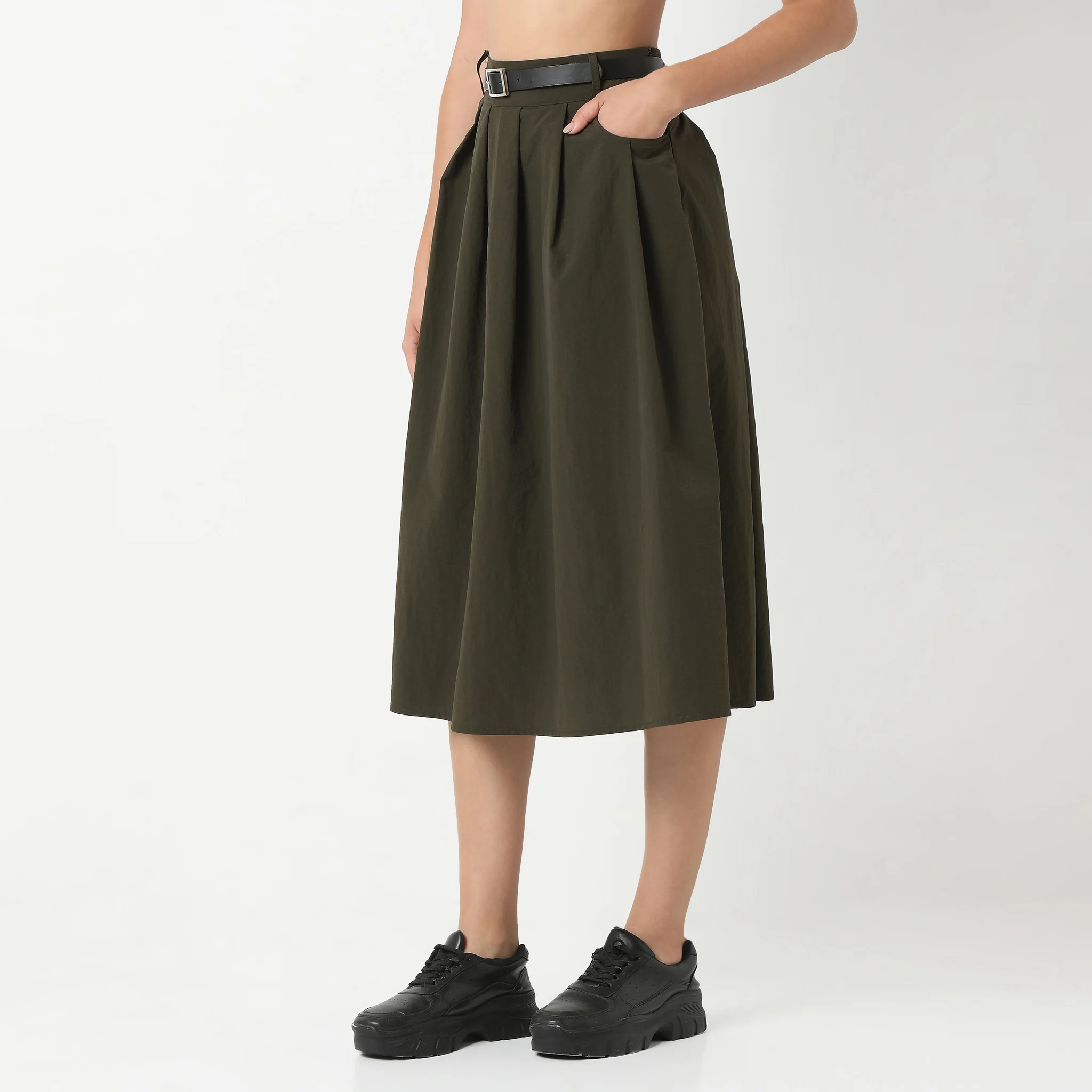 Betty Olive Midi Skirt With Belt Detailing At Waist - Image 5