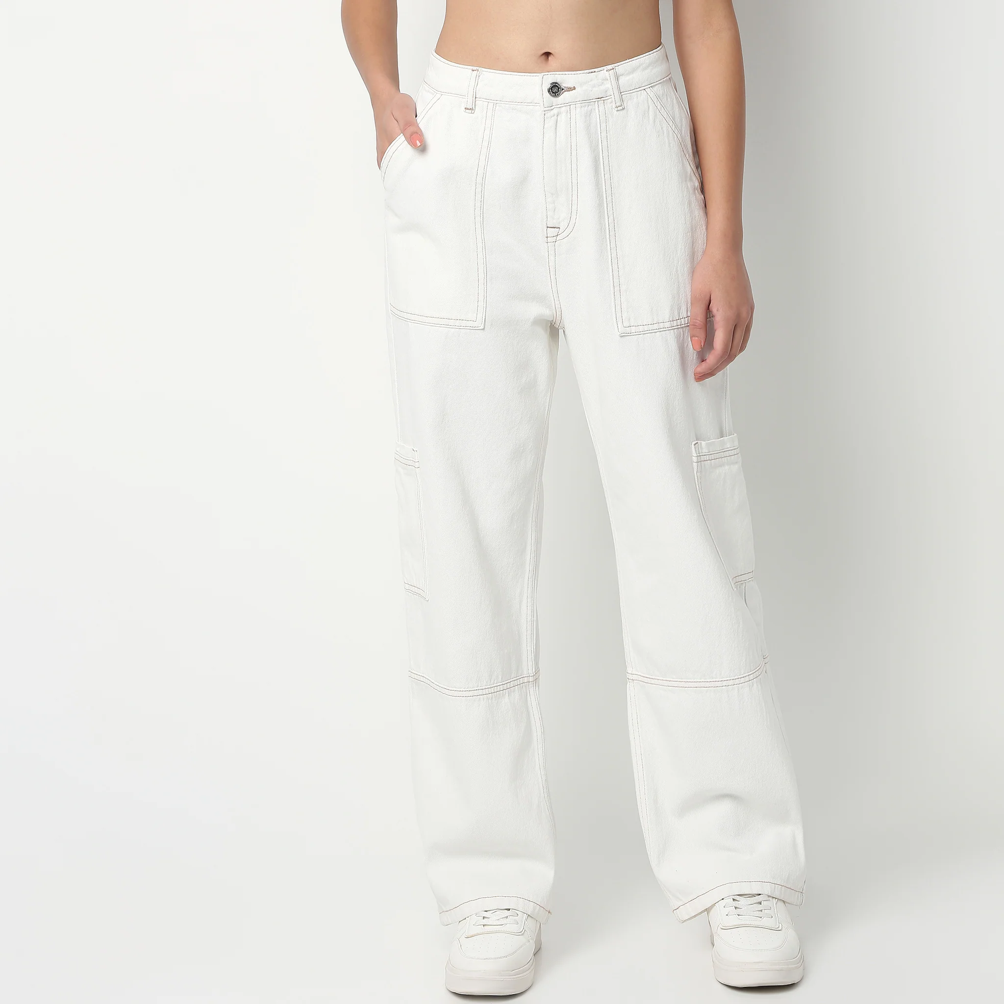 Full Length Boot Cut Solid Highwaist Patch Pocket Cargos - Image 11