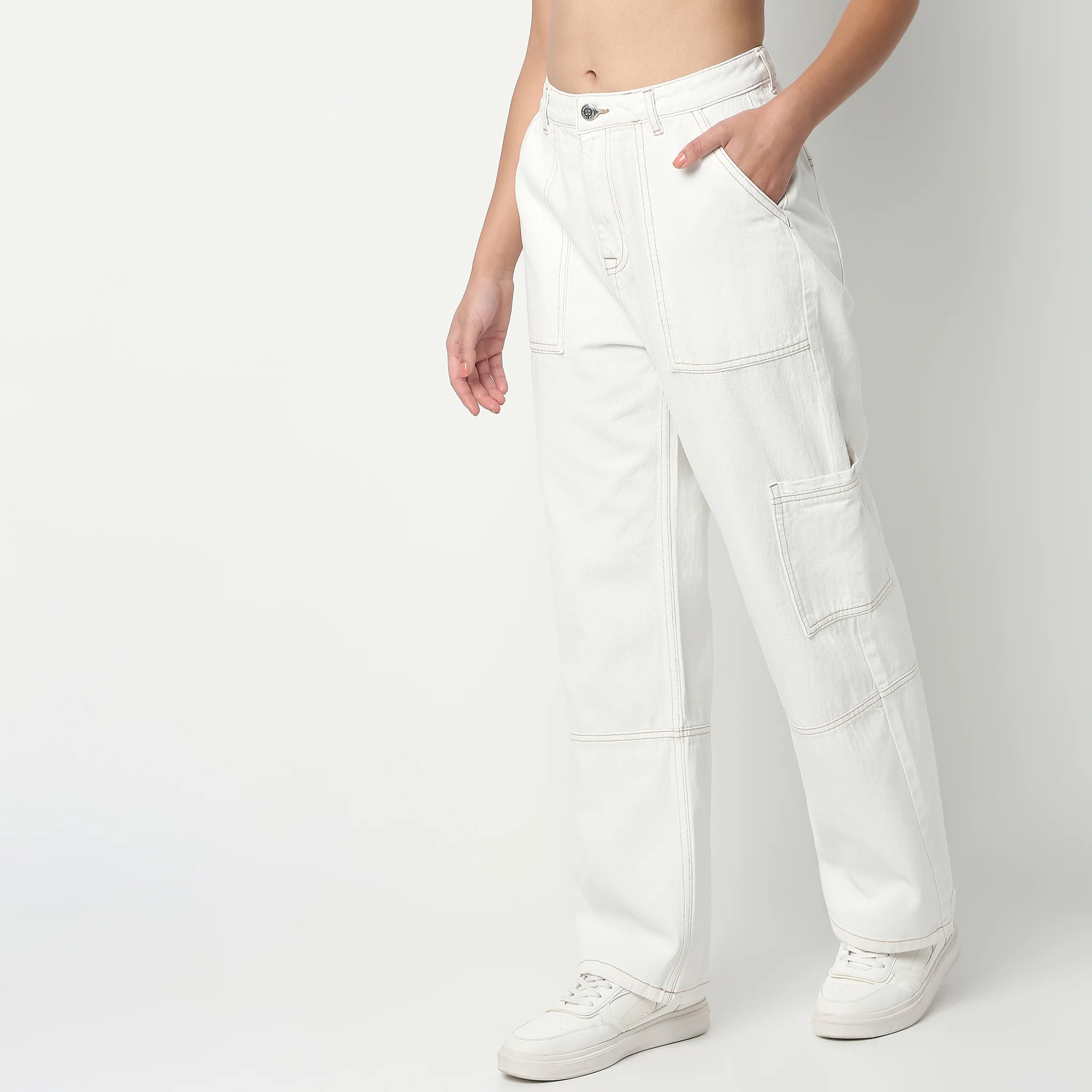 Full Length Boot Cut Solid Highwaist Patch Pocket Cargos - Image 15