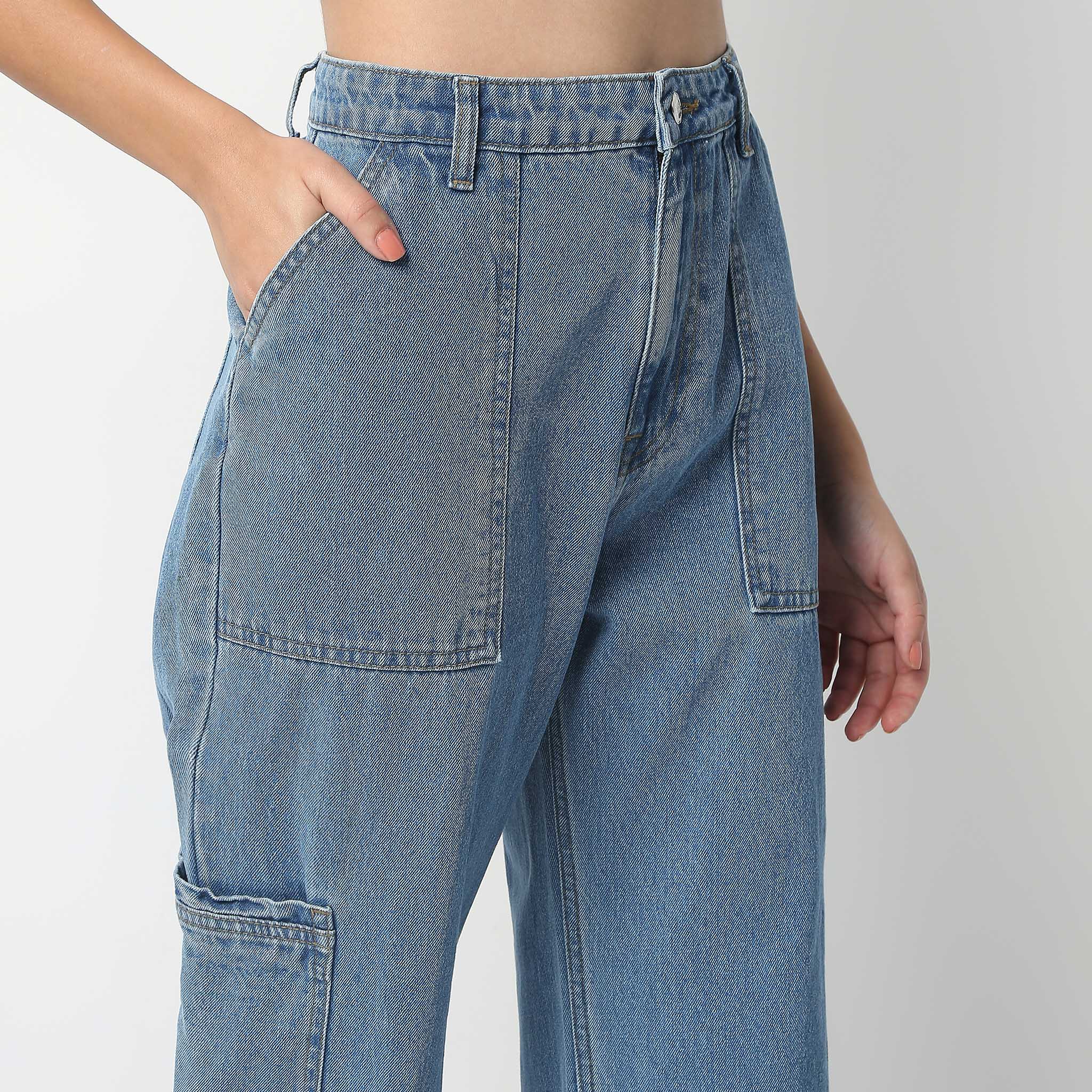 Full Length Boot Cut Solid Highwaist Patch Pocket Cargos - Image 9