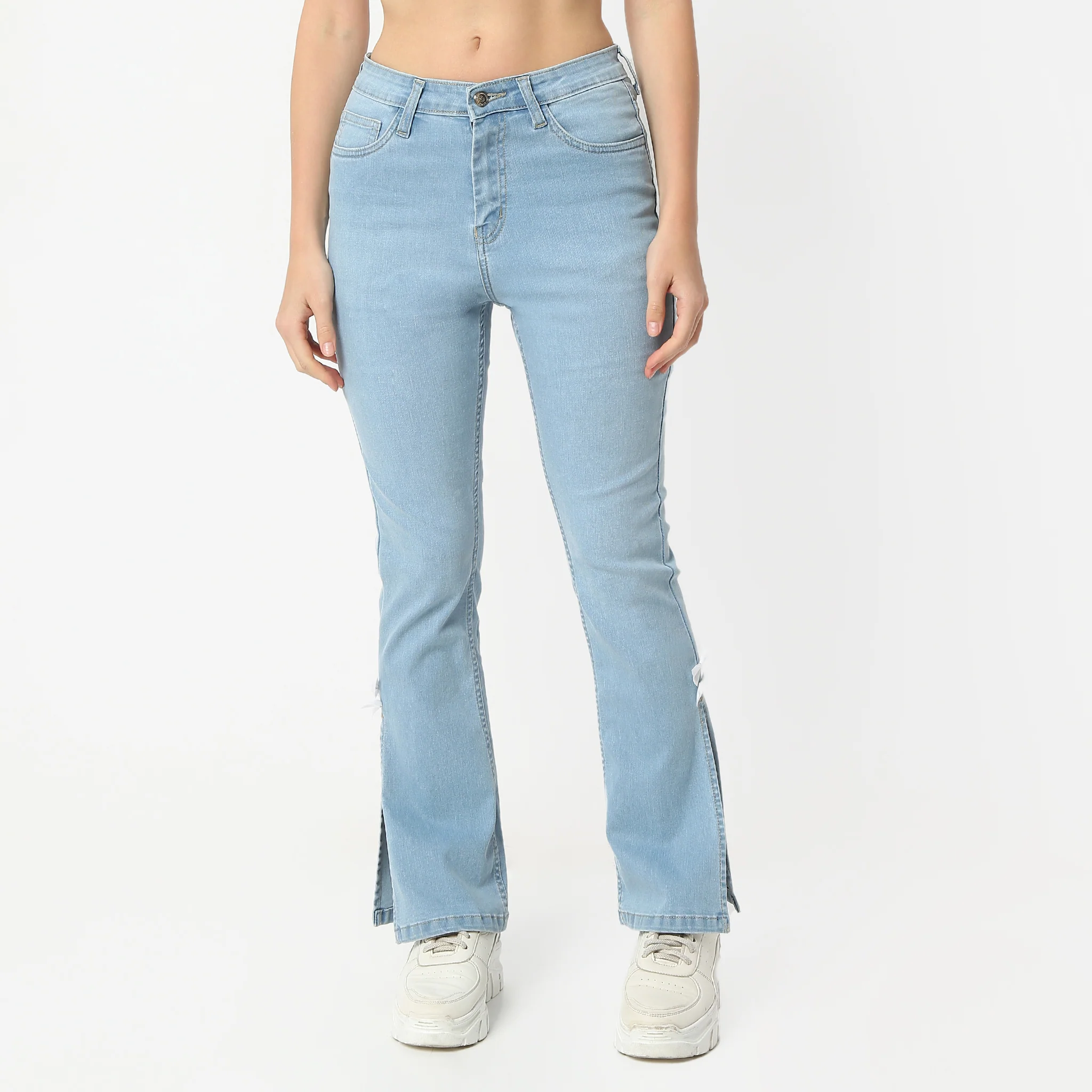 Boot Cut Full Length High Rise Bow-Adorned Blue Jeans With Side Slit - Image 2