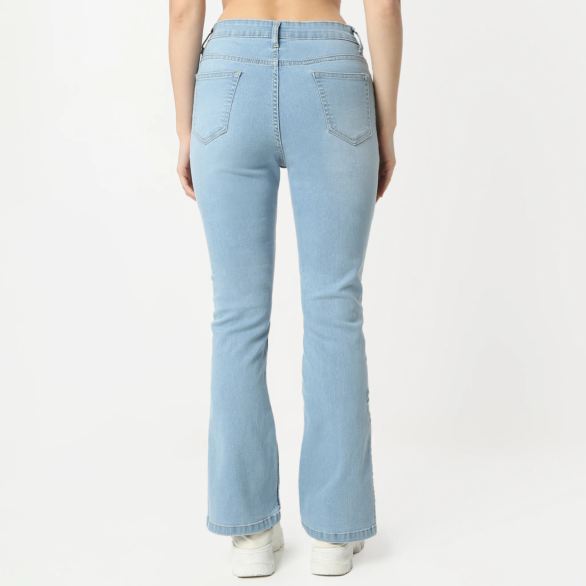 Boot Cut Full Length High Rise Bow-Adorned Blue Jeans With Side Slit - Image 3
