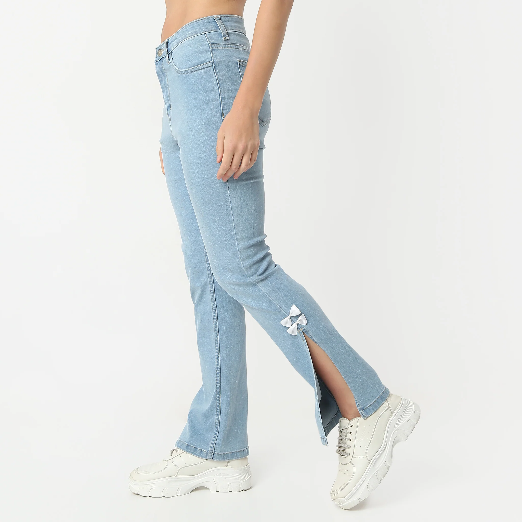 Boot Cut Full Length High Rise Bow-Adorned Blue Jeans With Side Slit - Image 5