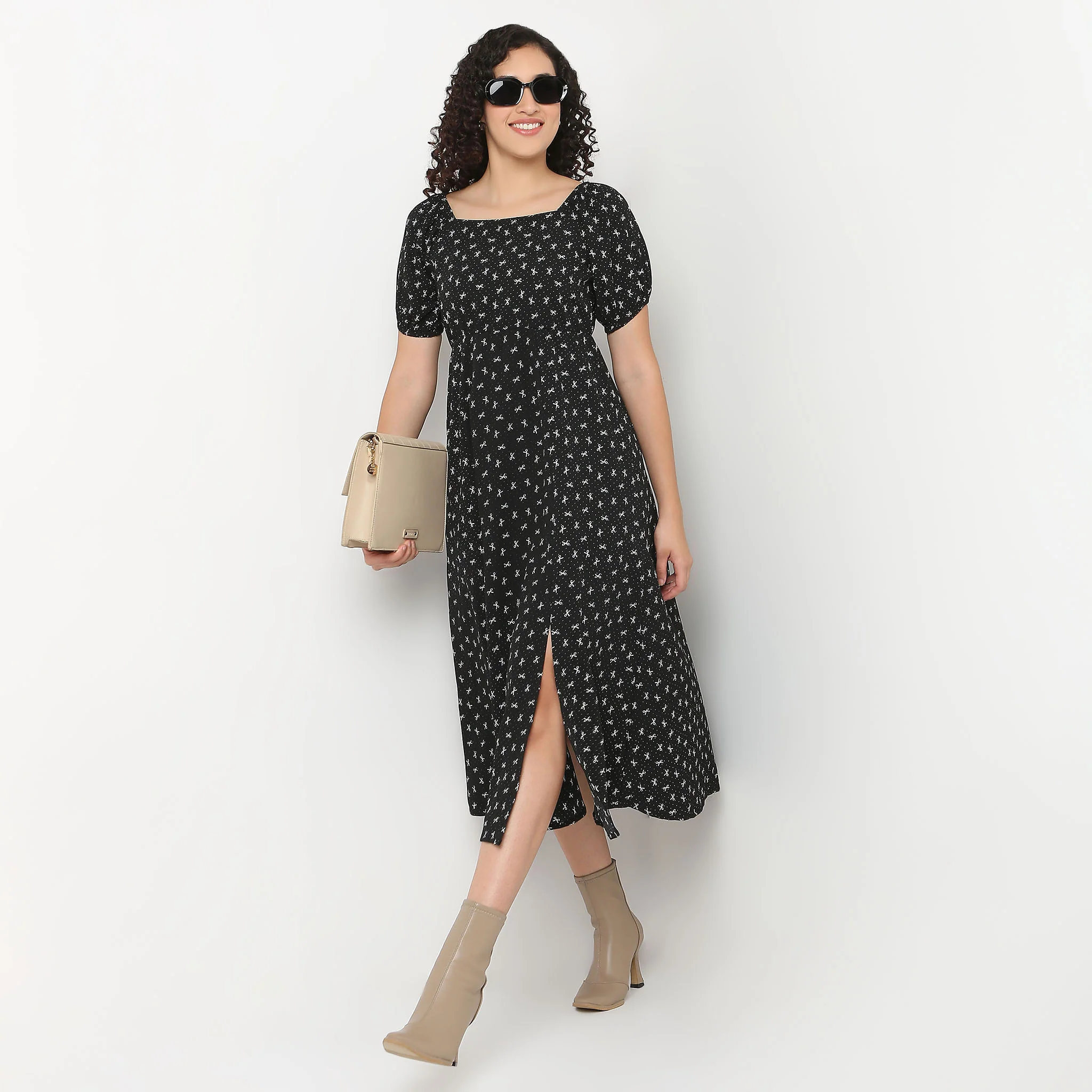 Bow Print Flared Betty Dress