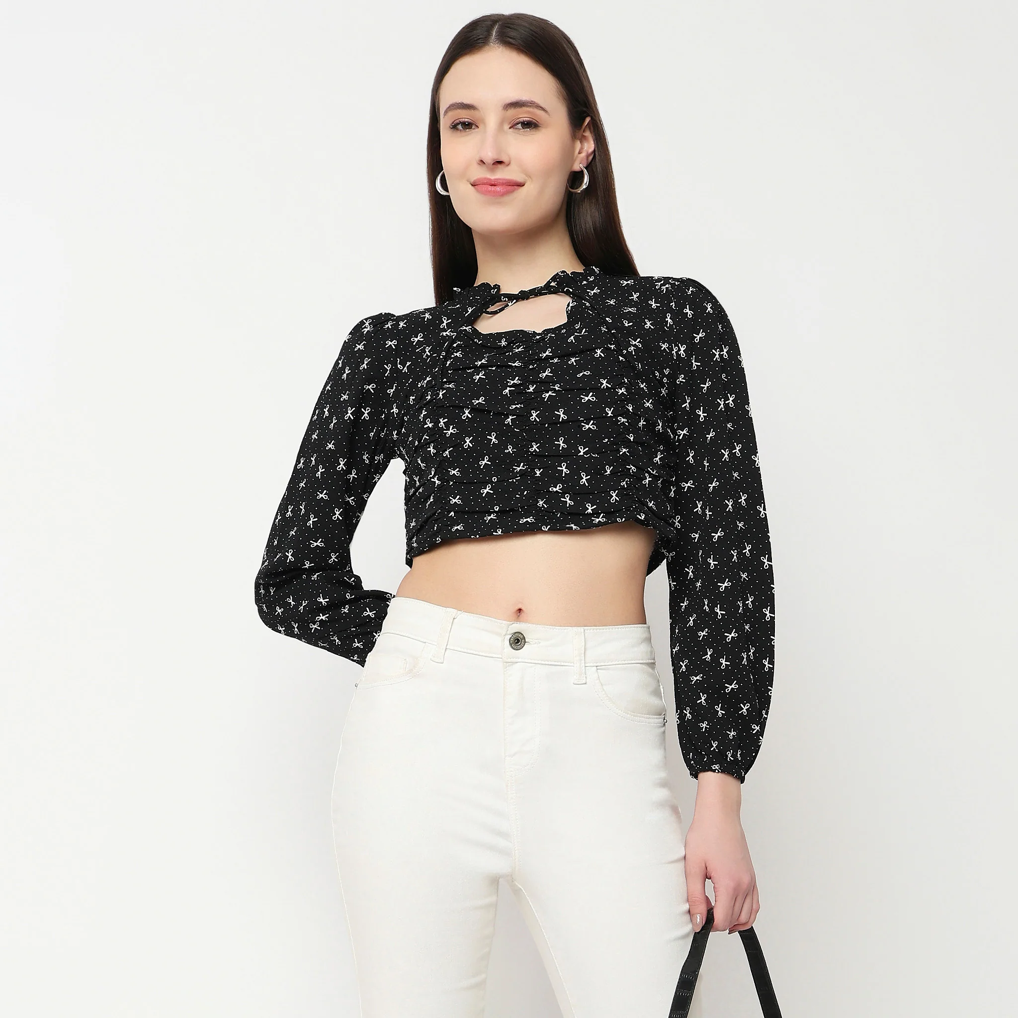 Bow Print Tie-Up Neck Crop Top - Image 2