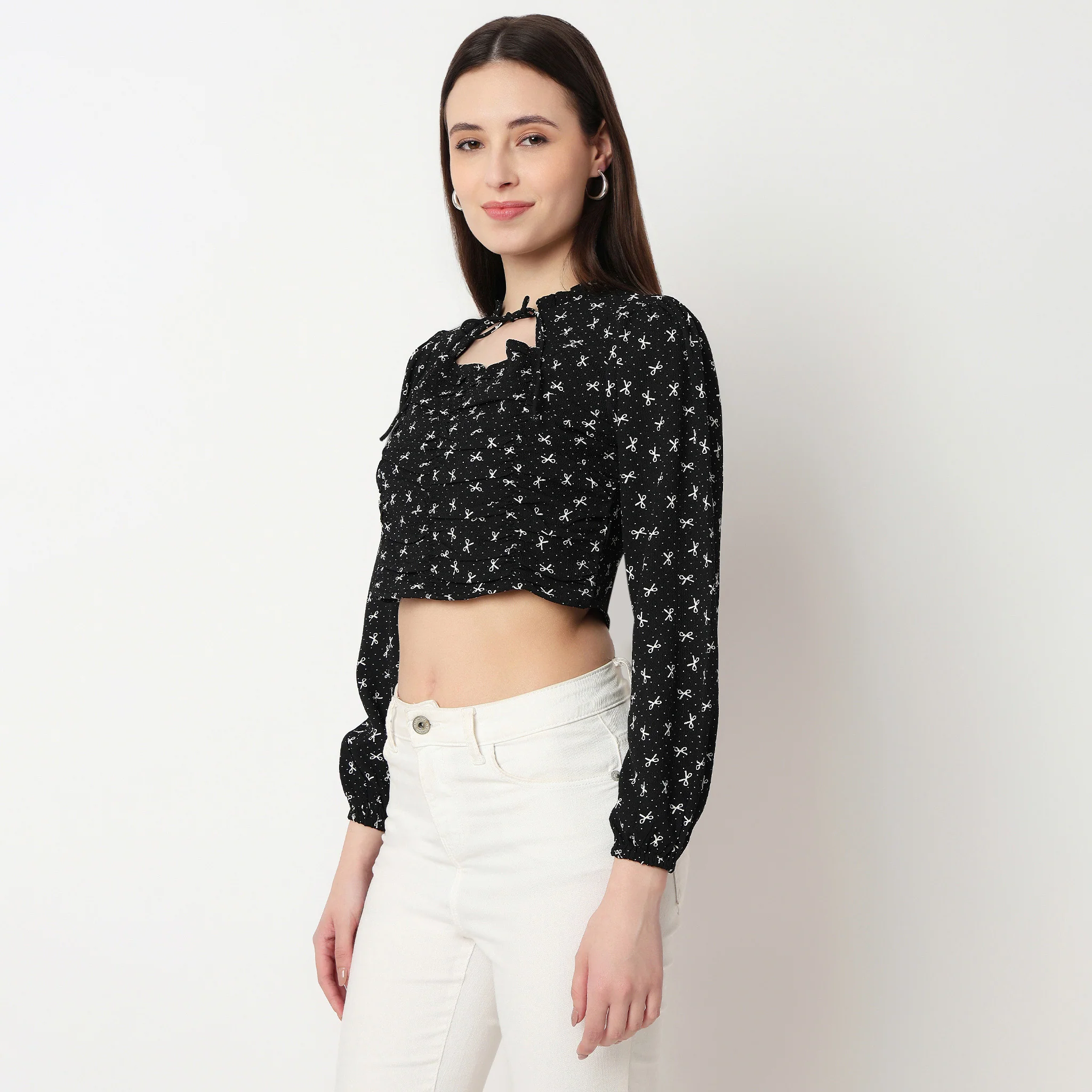 Bow Print Tie-Up Neck Crop Top - Image 5