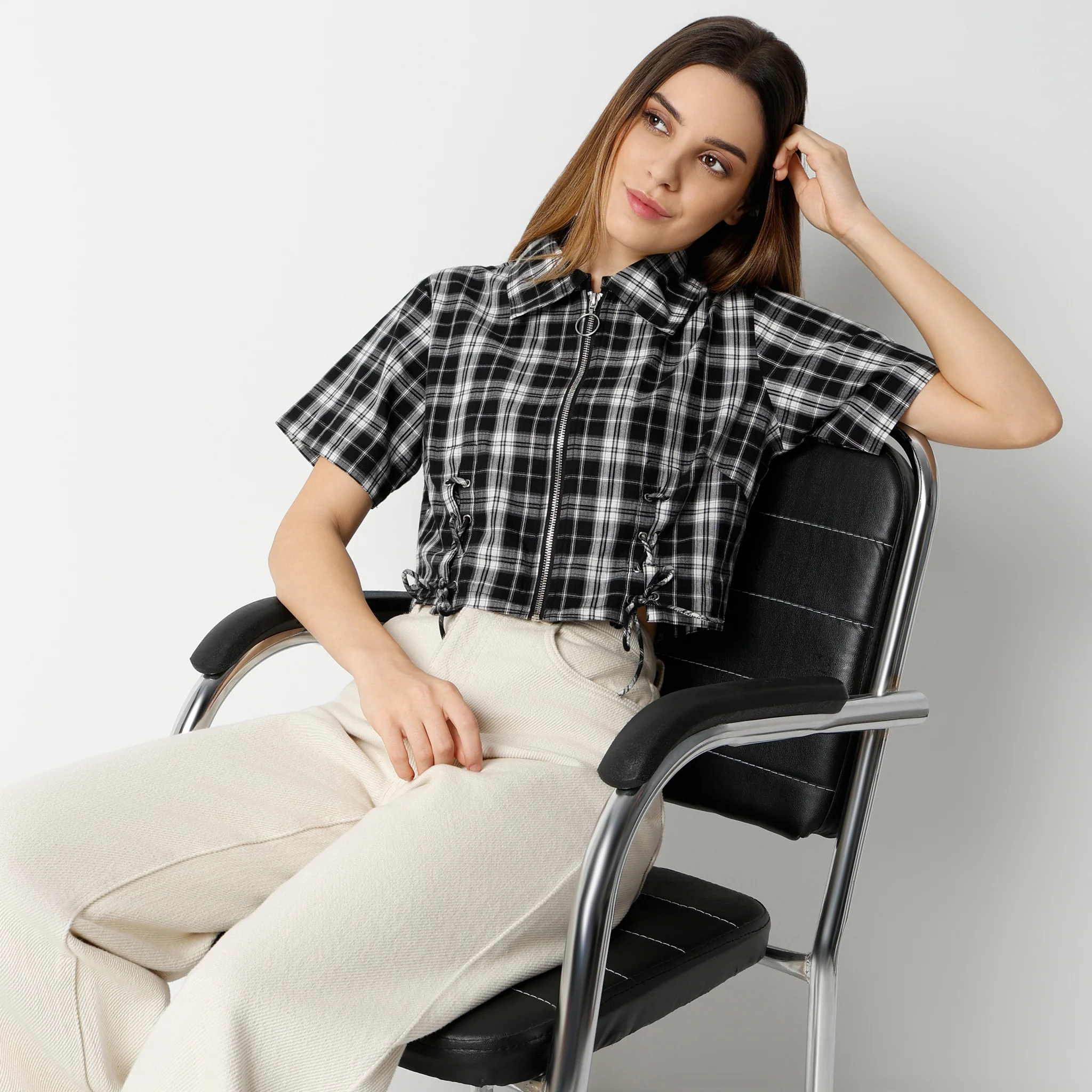 Boxy Fit Checkered Short Sleeve Crop Shirt With Front Lace Tying