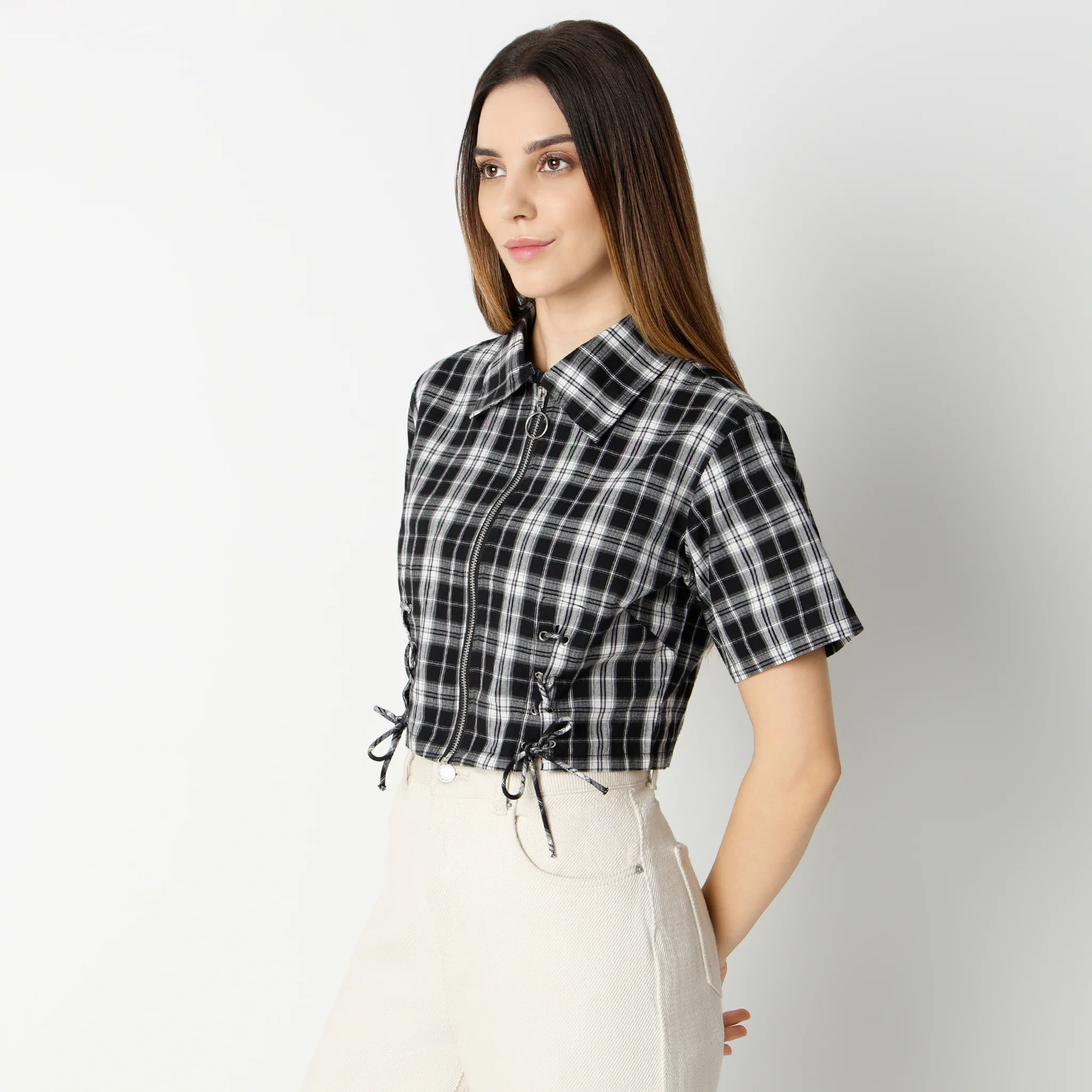 Boxy Fit Checkered Short Sleeve Crop Shirt With Front Lace Tying - Image 5