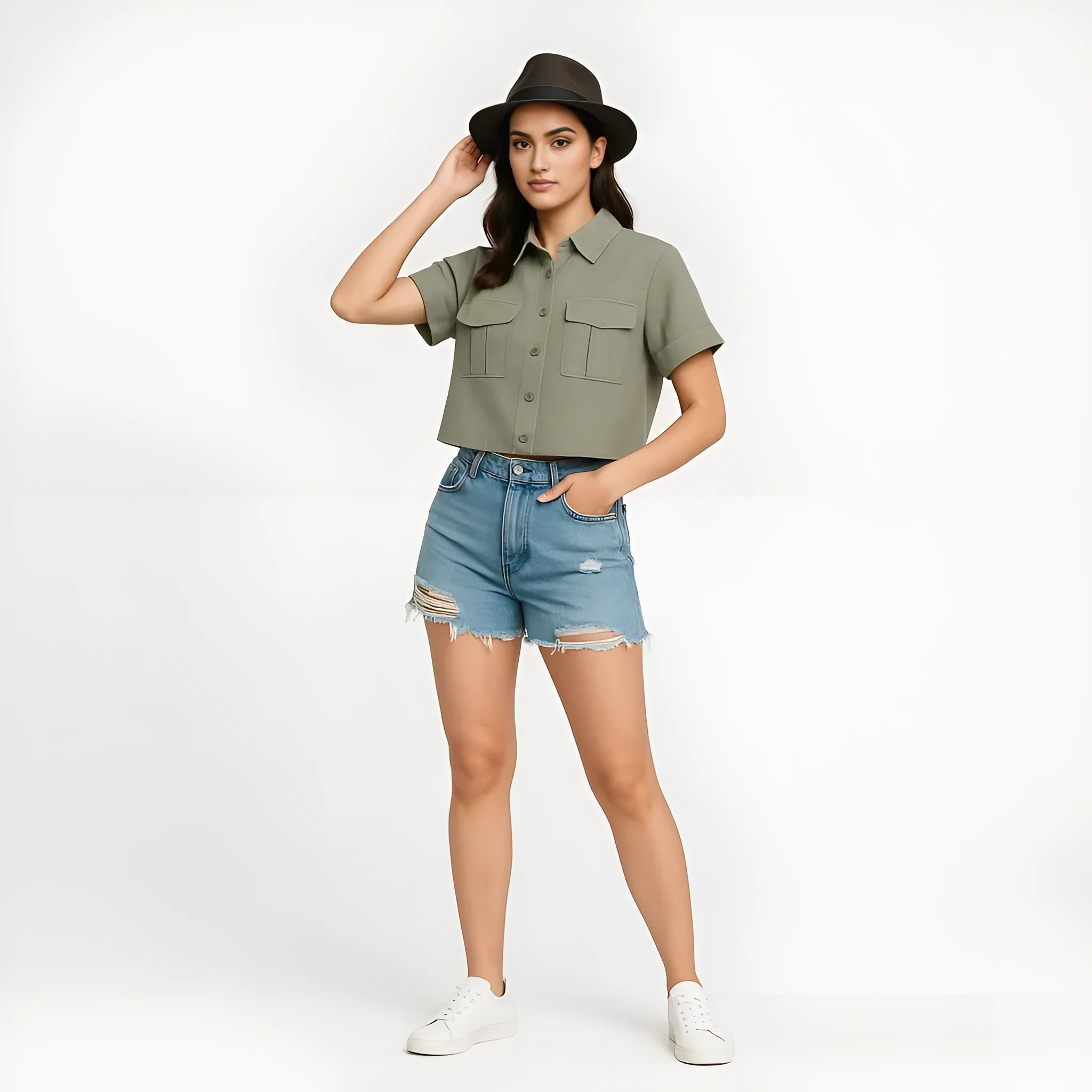 Boxy Fit Crop Shirt With Patch Pockets Detailing - Image 2