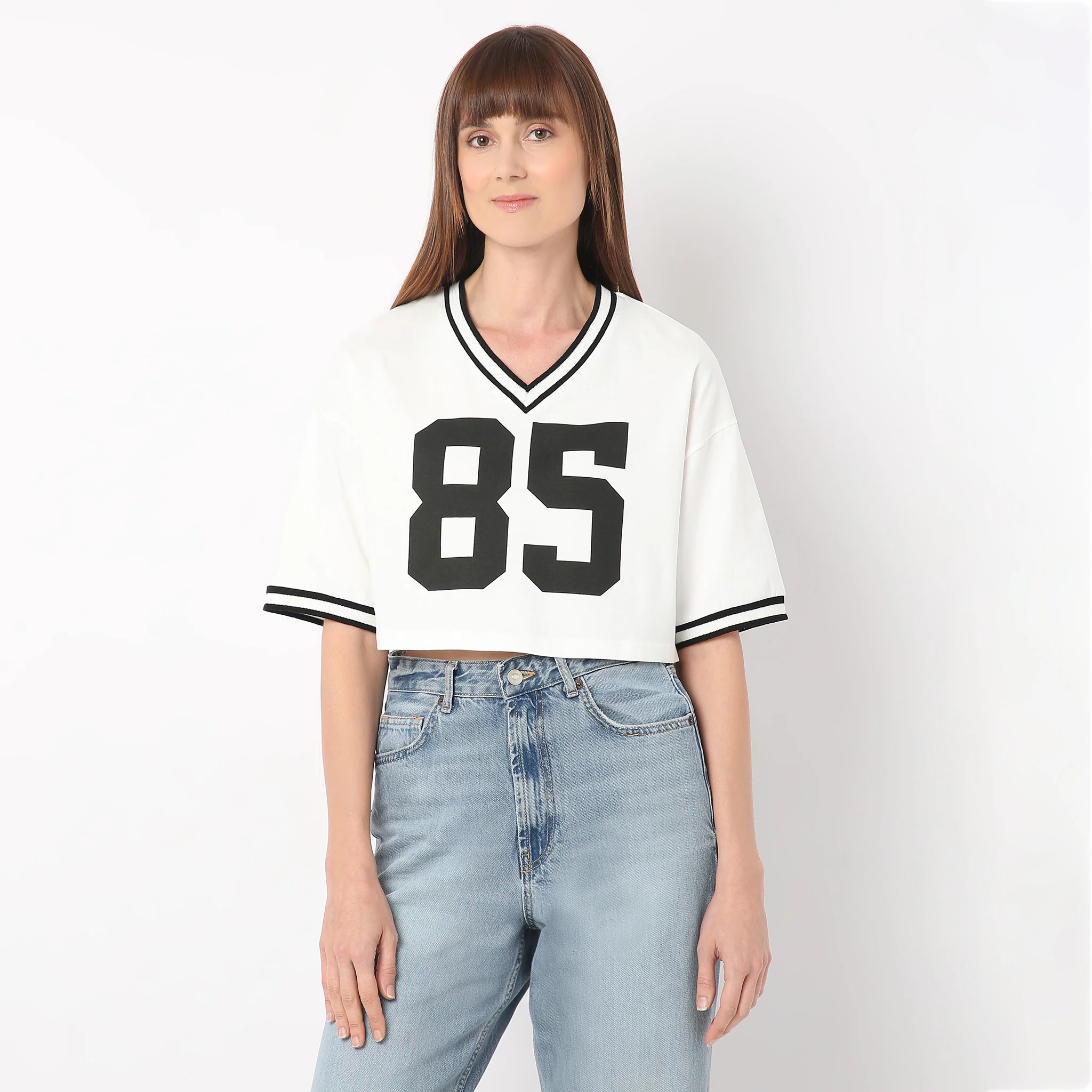 Boxy Fit V-Neck Athleisure Graphic Crop Tee - Image 2