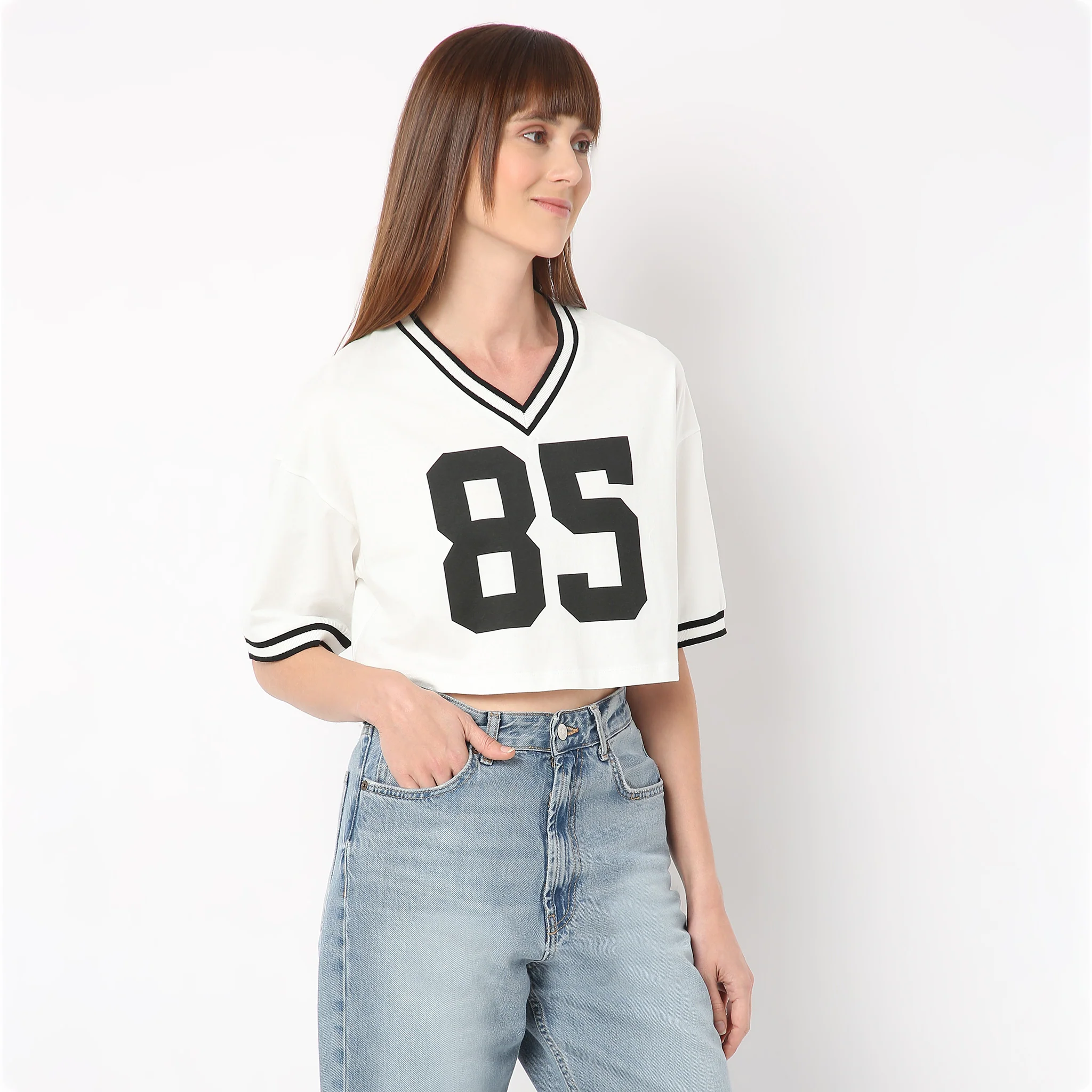 Boxy Fit V-Neck Athleisure Graphic Crop Tee - Image 4