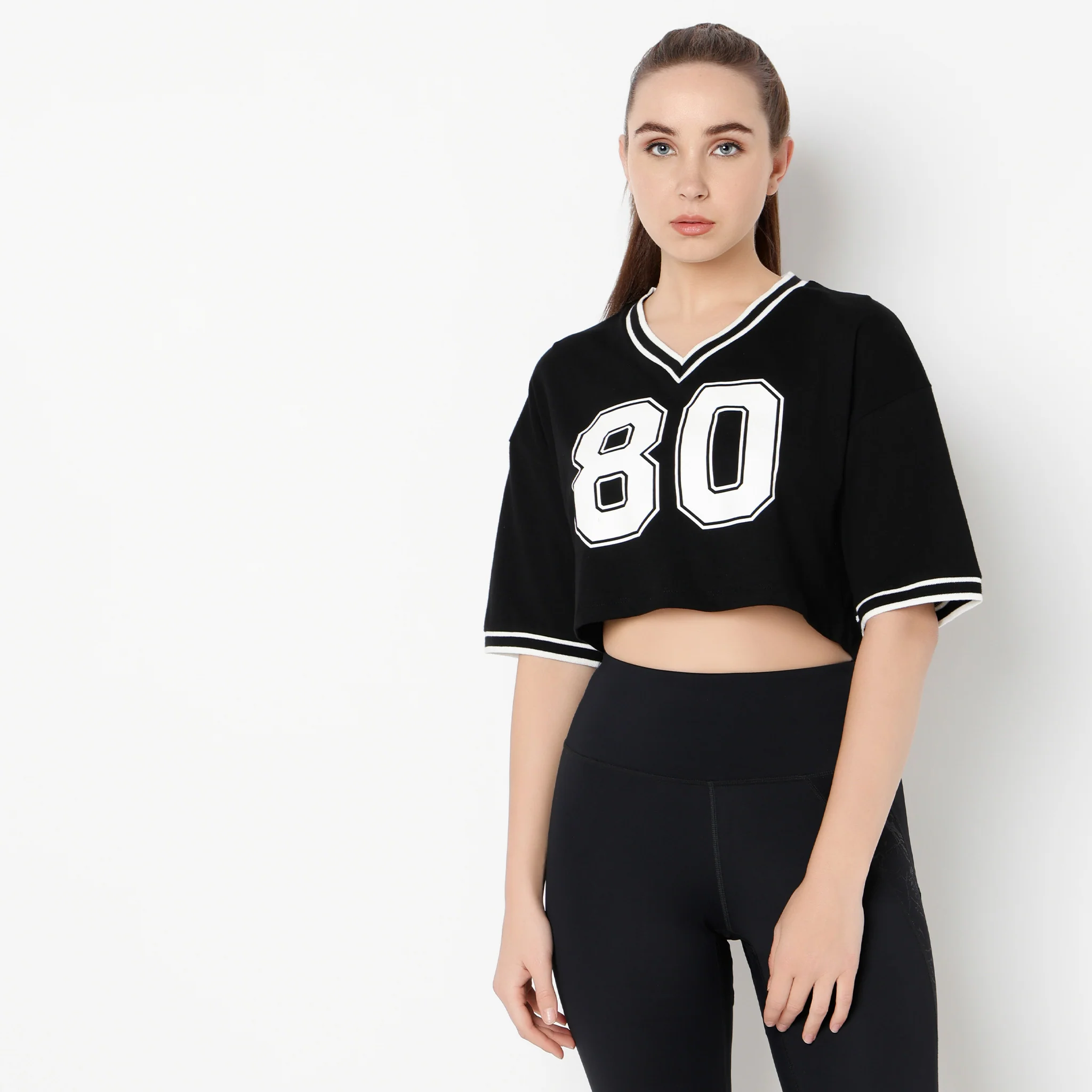 V-Neck Boxy Fit Graphic Athleisure Crop T-Shirt - Image 2