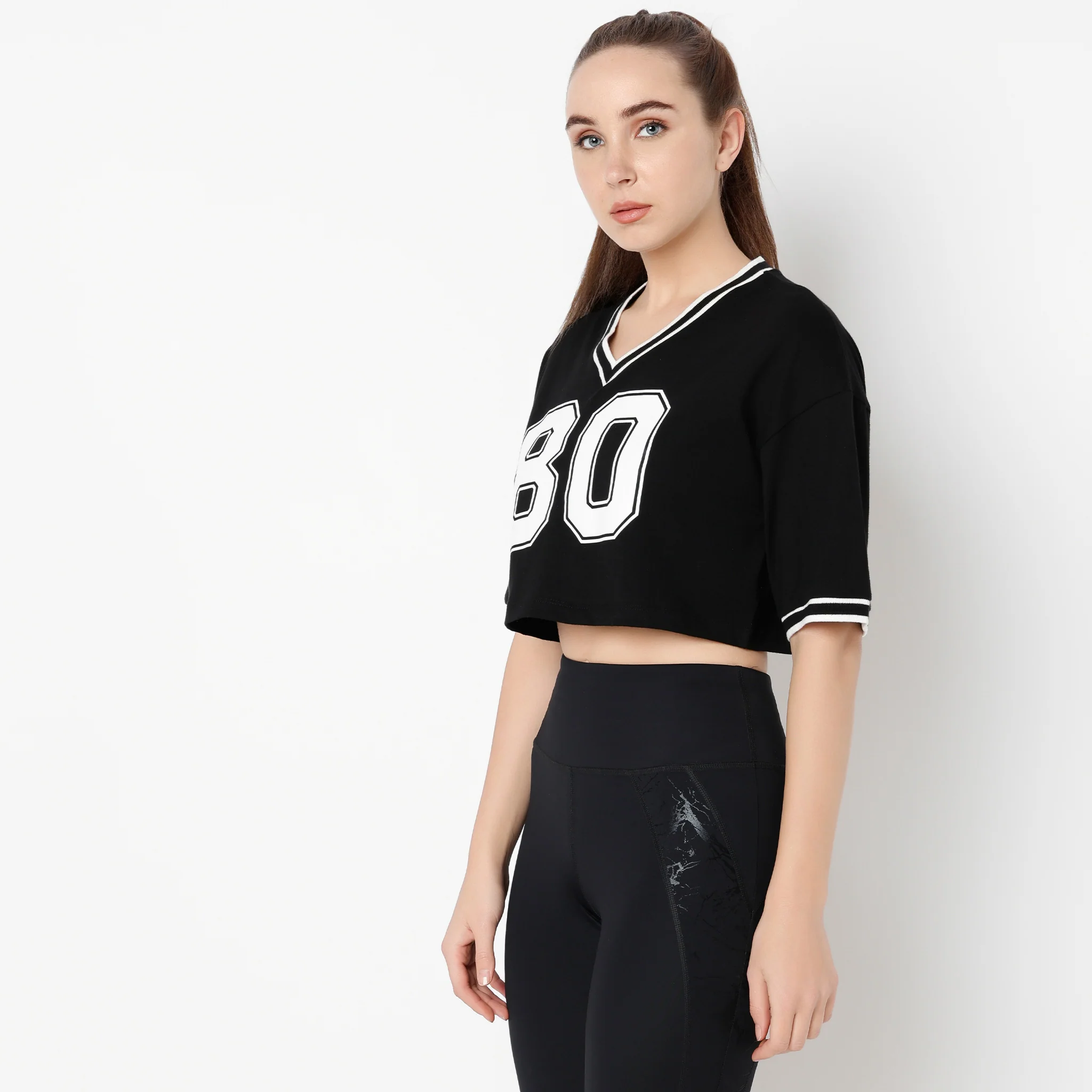 V-Neck Boxy Fit Graphic Athleisure Crop T-Shirt - Image 4