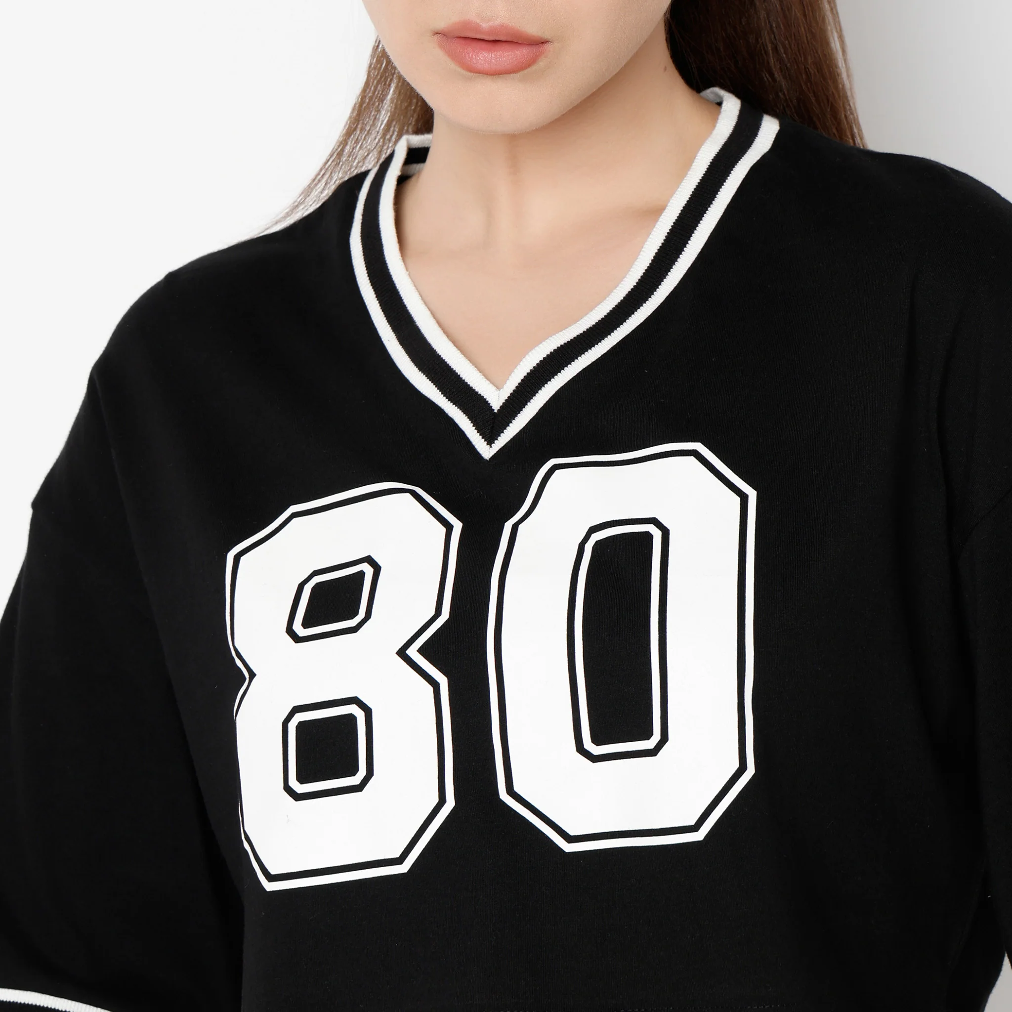 V-Neck Boxy Fit Graphic Athleisure Crop T-Shirt - Image 5