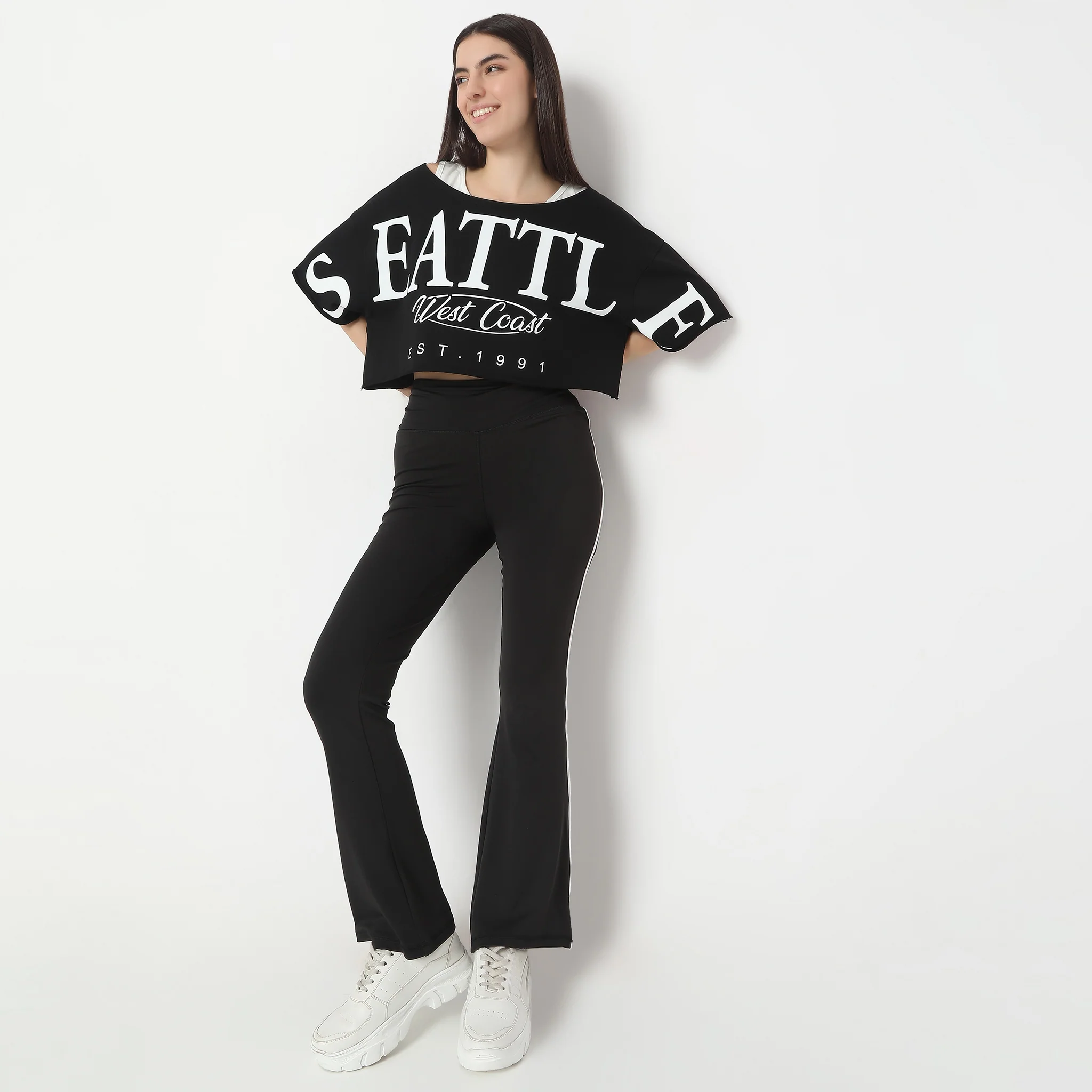 Printed Boat Neck Betty Short Sleeve Crop Boxy Fit Tee With Front Print T-Shirt - Image 2