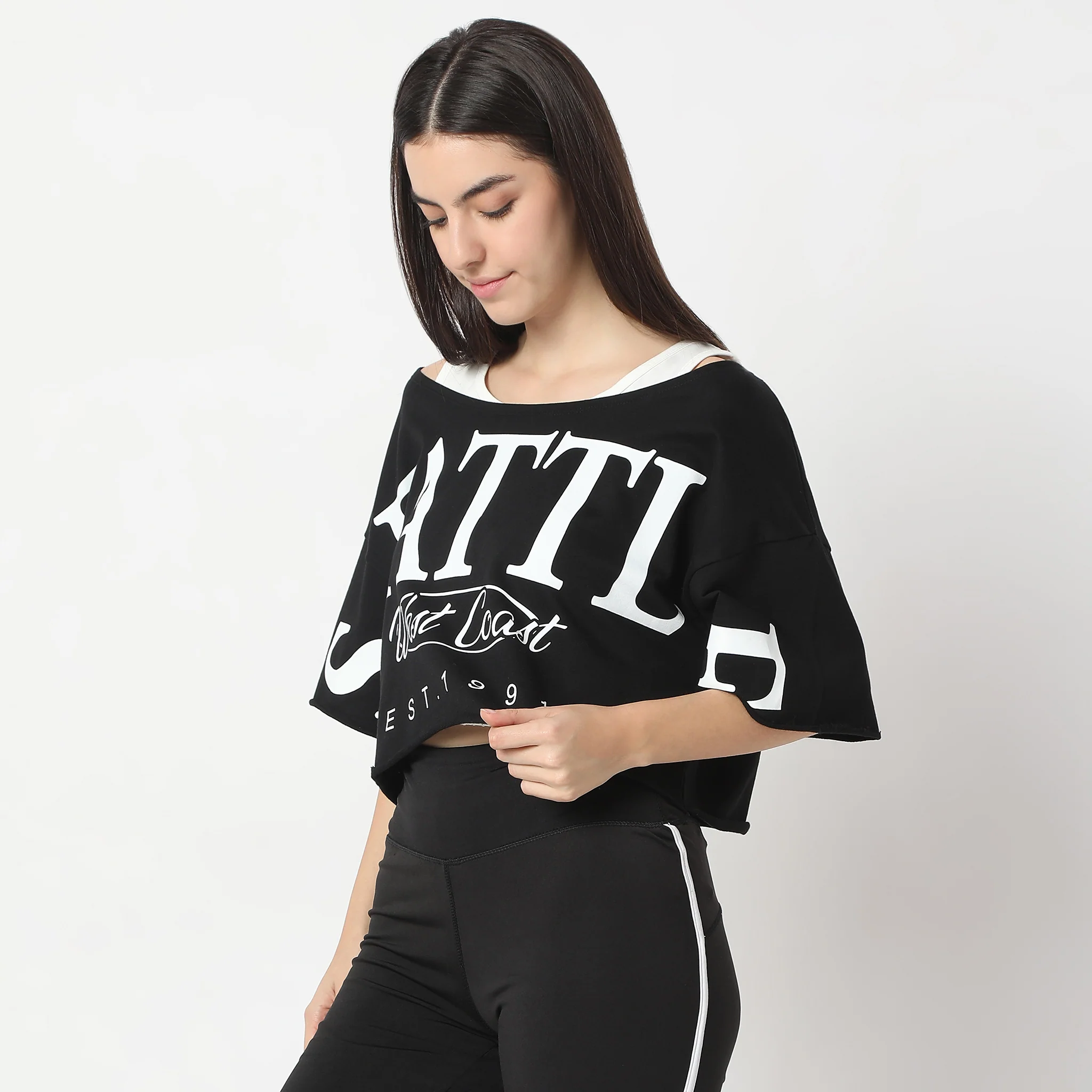 Printed Boat Neck Betty Short Sleeve Crop Boxy Fit Tee With Front Print T-Shirt - Image 4