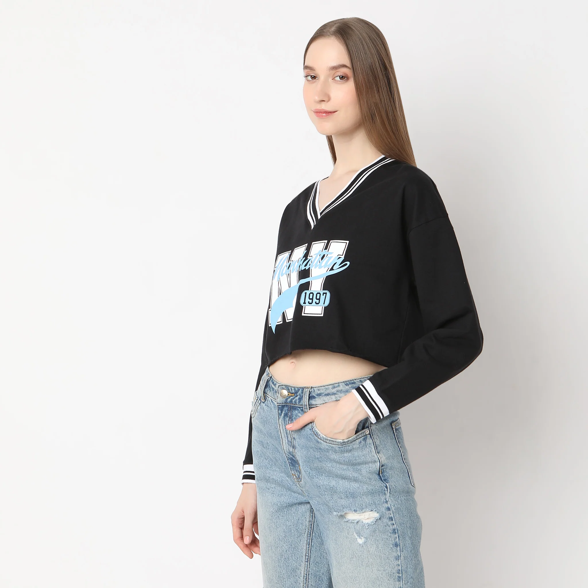 Boxy Fit V-Neck Raw Edge Hem Cropped Sweat Tee - Image 5