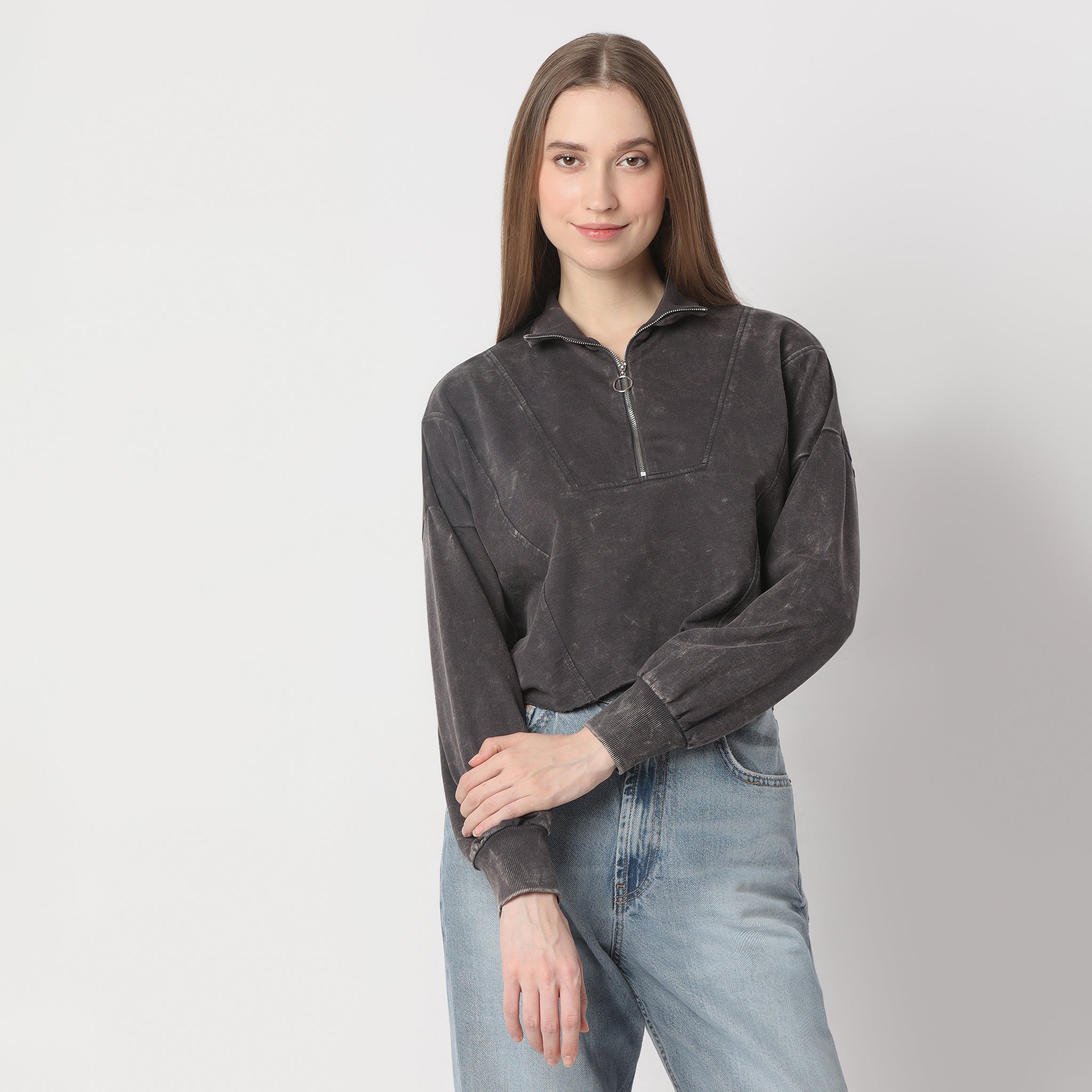 Boxy Fit Cropped Sweat Tee With Quarter Zipper Opening At Neck - Image 2