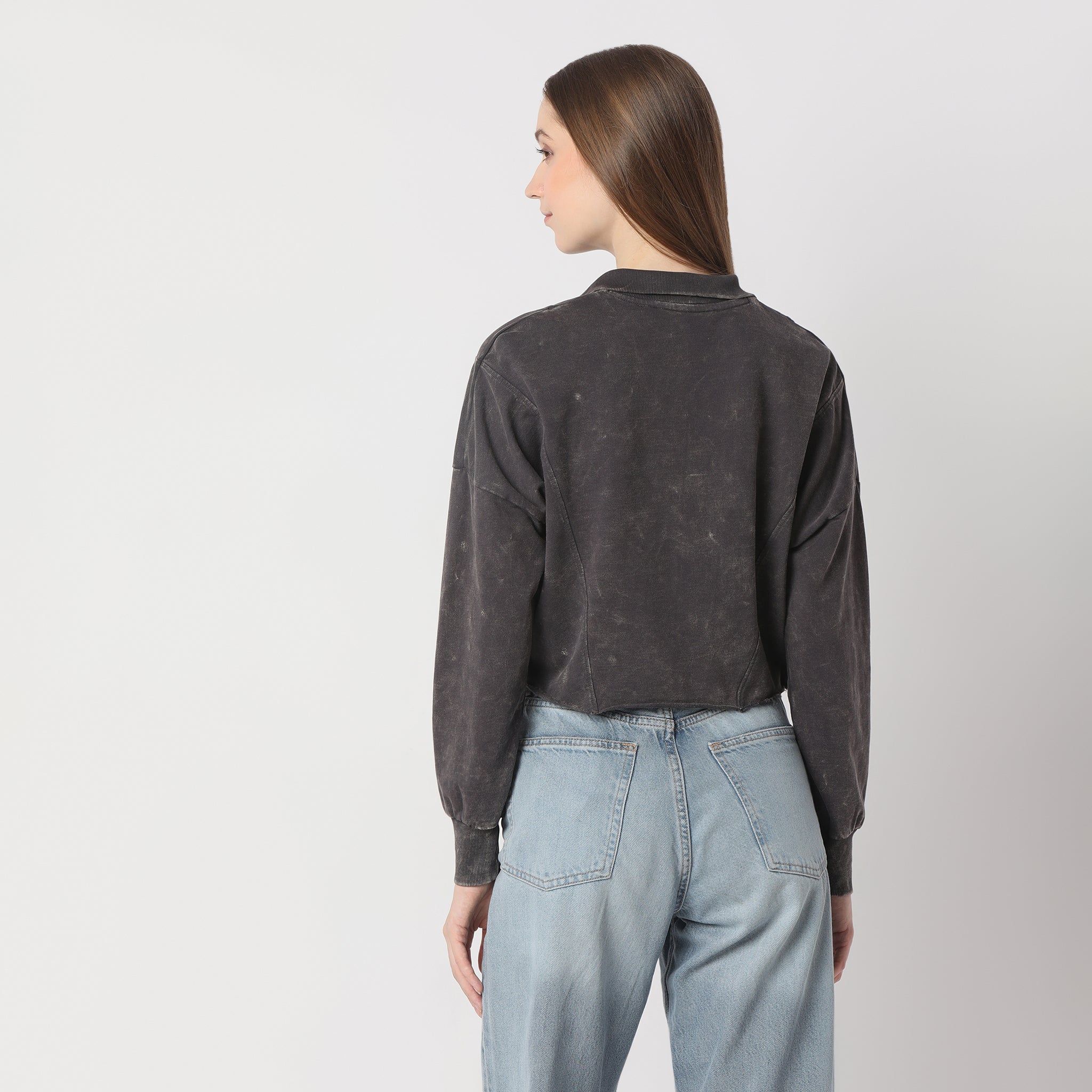 Boxy Fit Cropped Sweat Tee With Quarter Zipper Opening At Neck - Image 3
