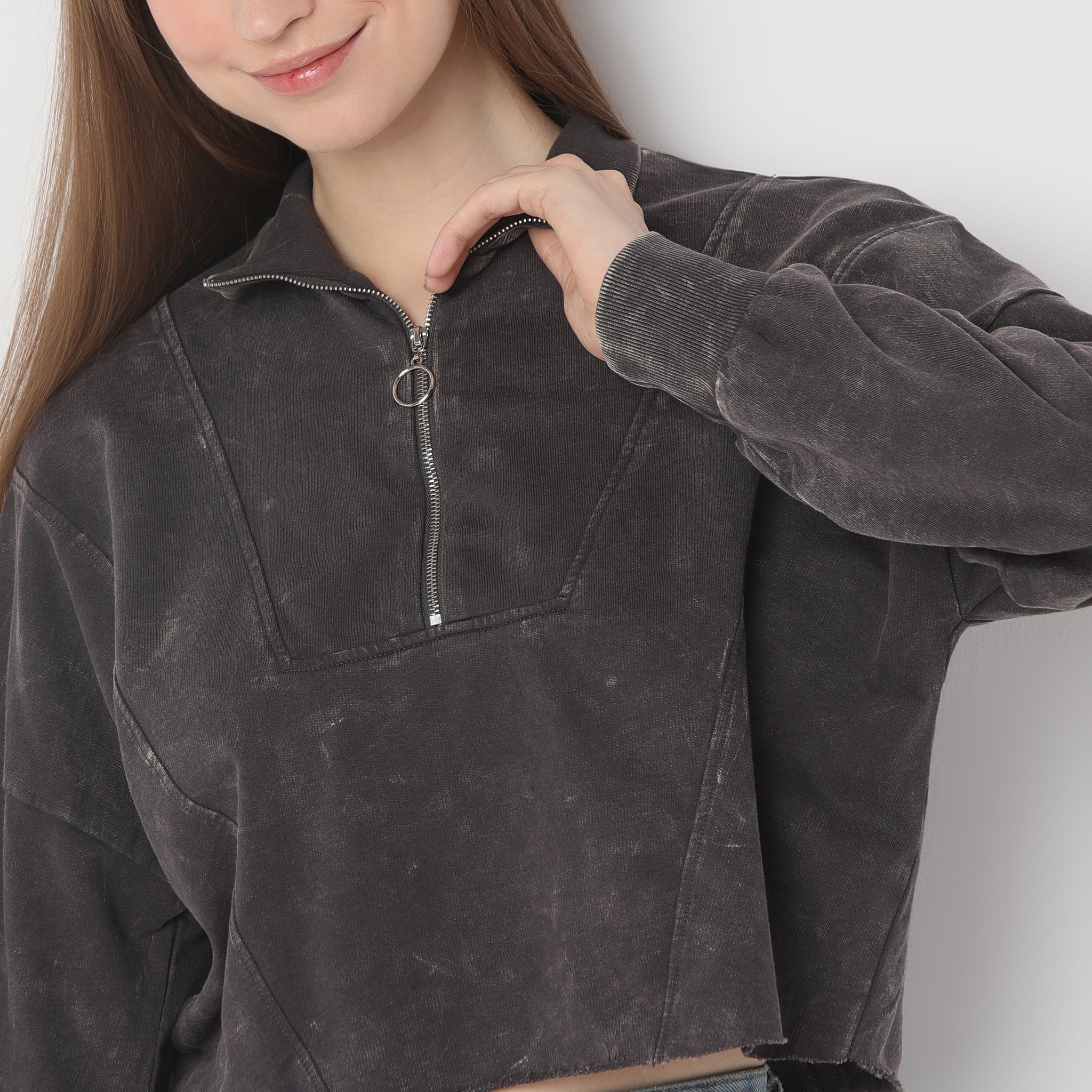 Boxy Fit Cropped Sweat Tee With Quarter Zipper Opening At Neck - Image 4