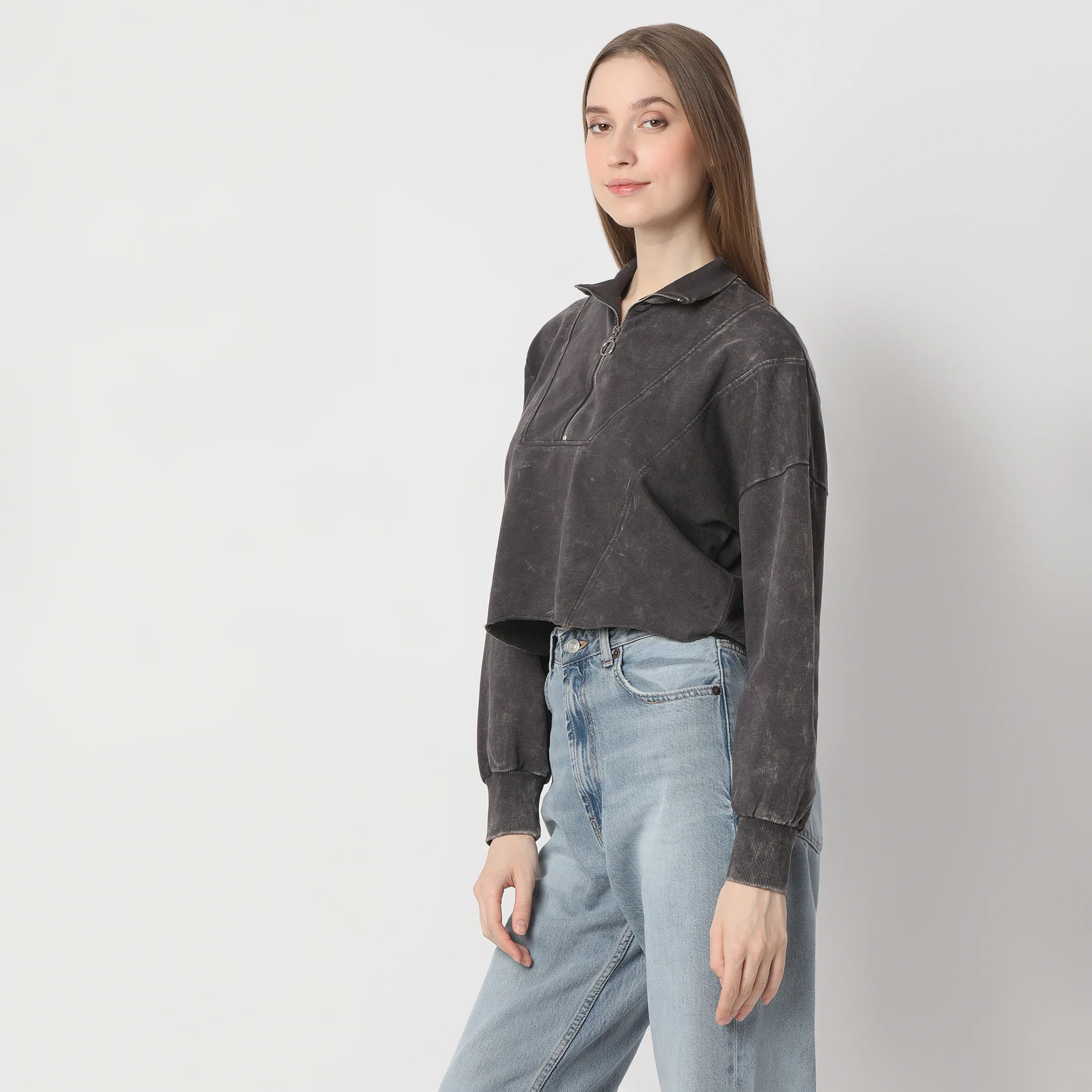 Boxy Fit Cropped Sweat Tee With Quarter Zipper Opening At Neck - Image 5