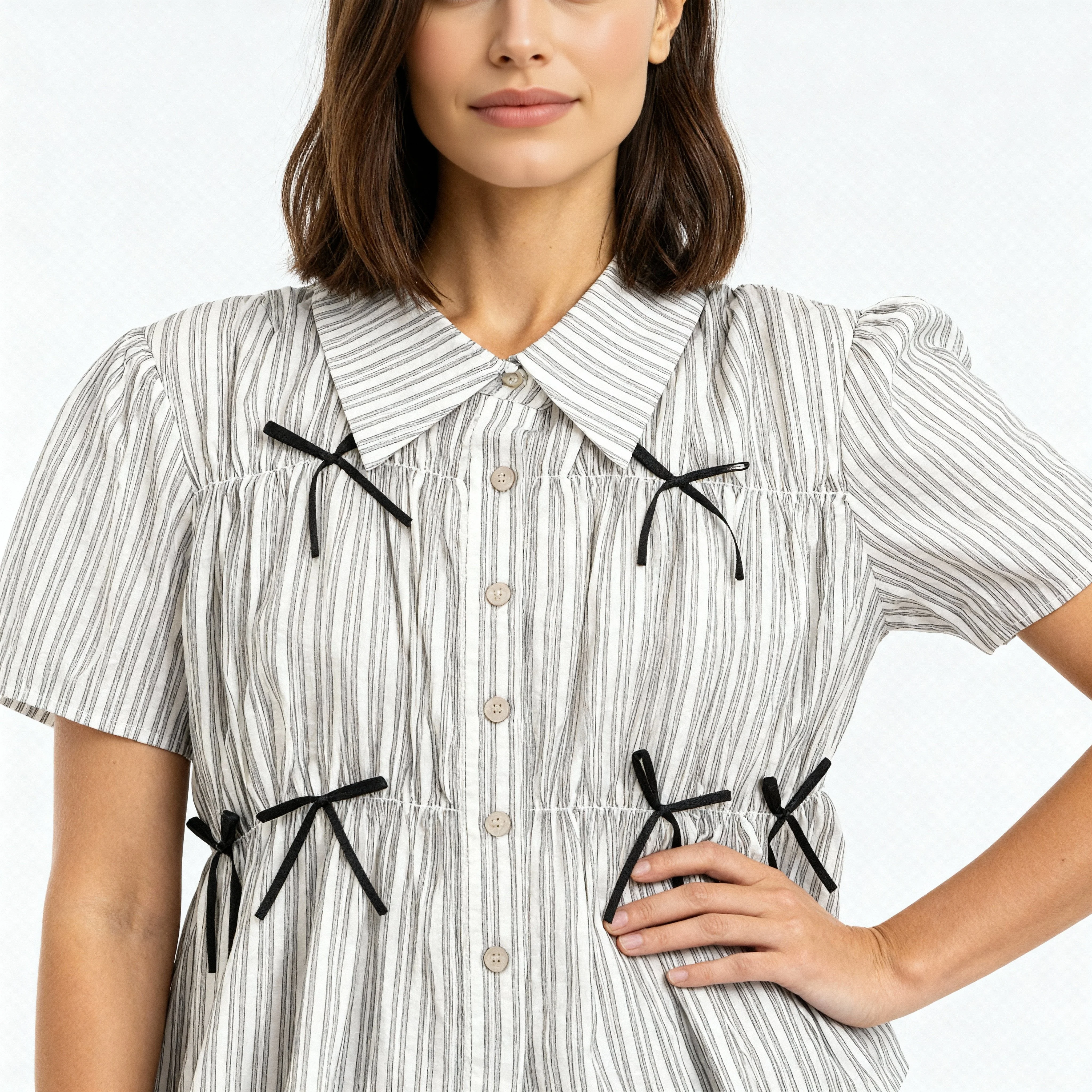 Boxy Fit Striped Shirt With Pleating and Bow Detail - Image 4