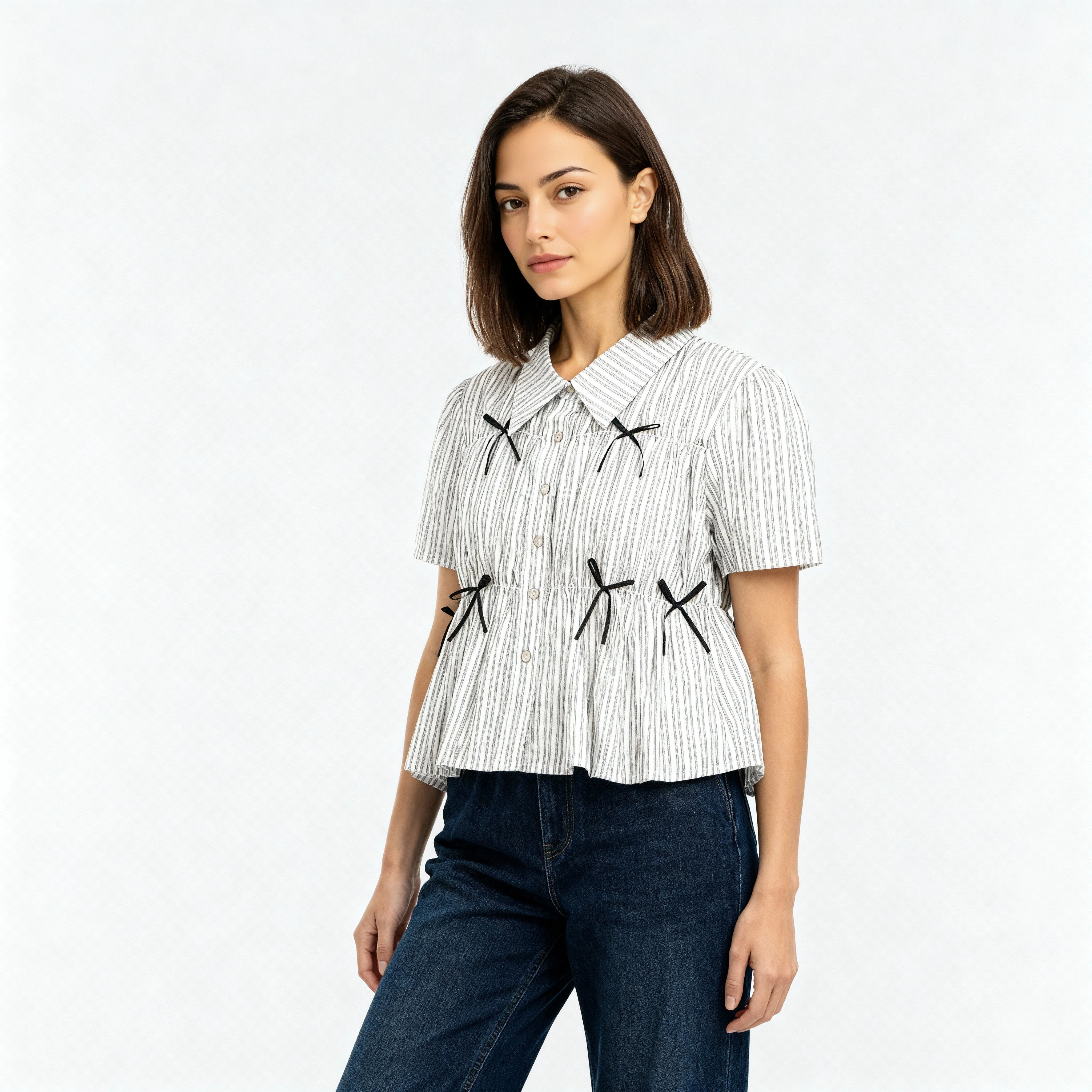 Boxy Fit Striped Shirt With Pleating and Bow Detail - Image 5