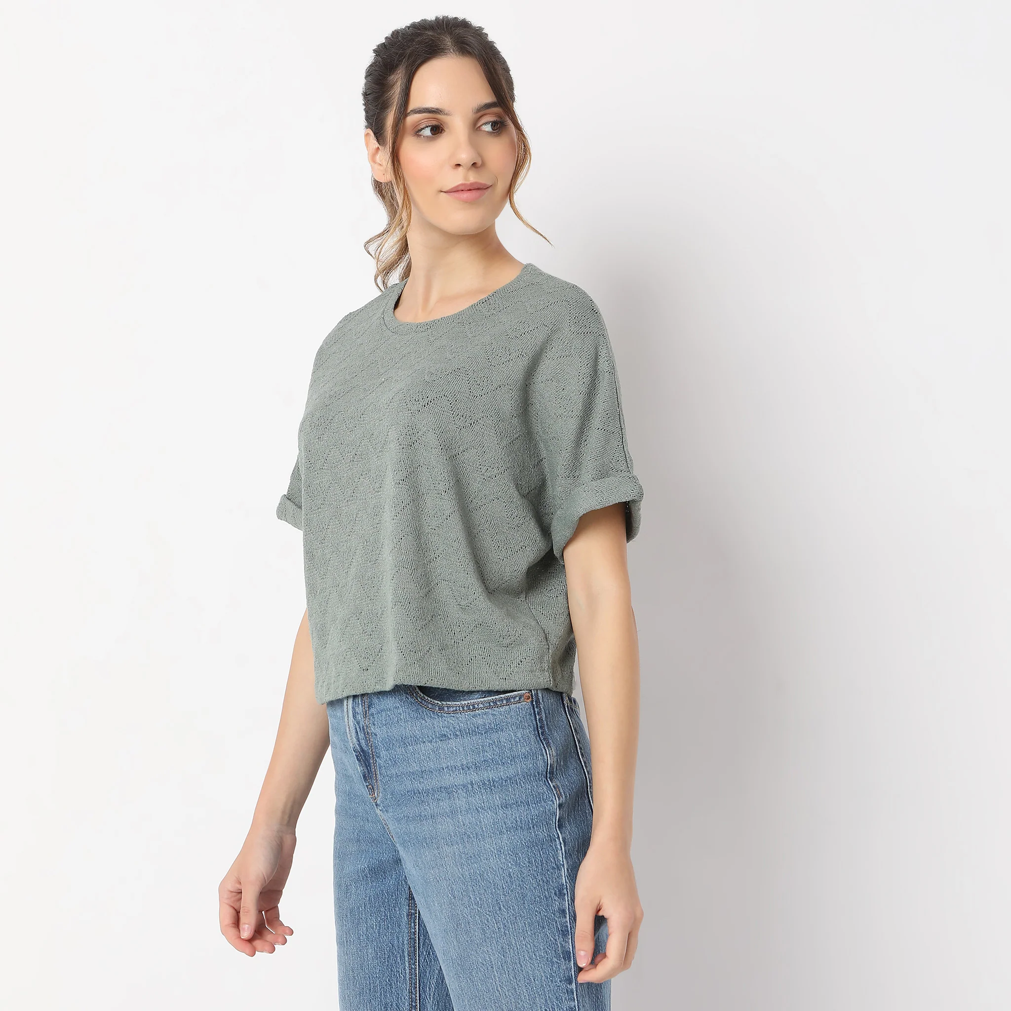 Boxy Fit Structured Flat Knits Dolman Sleeve Light Weight T-Shirt - Image 4