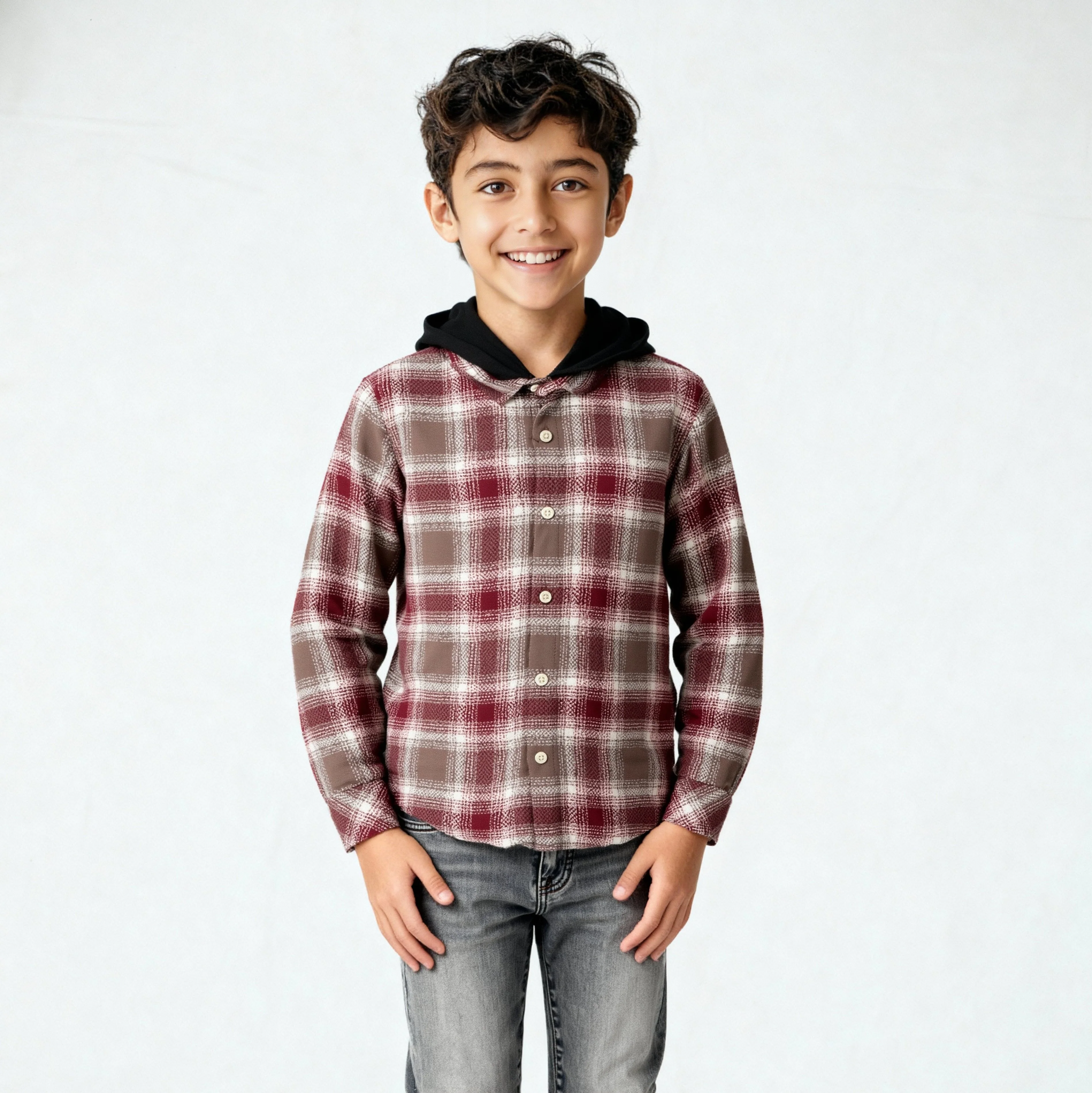 Boys Cotton Checkered Hoodie Shirt - Image 2