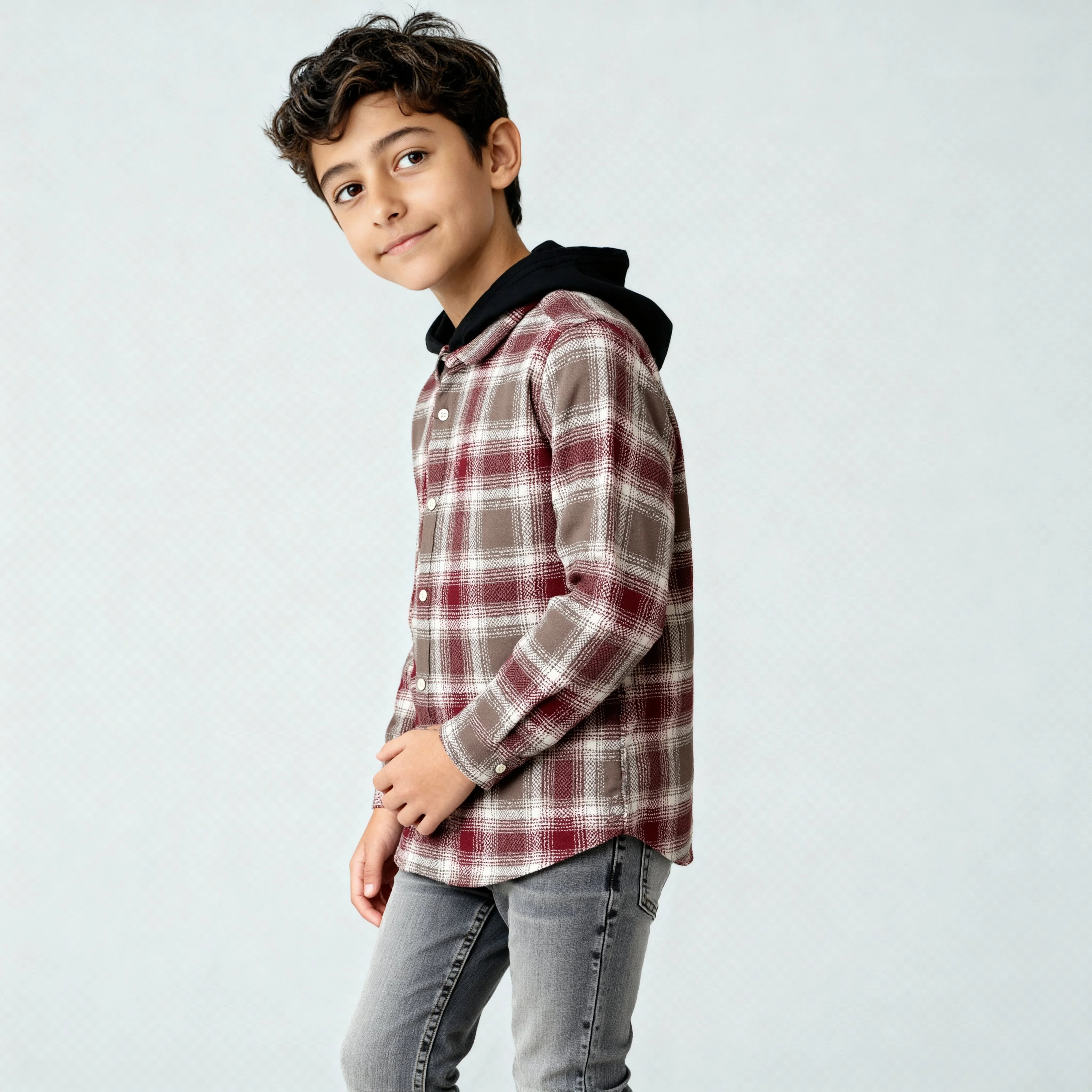 Boys Cotton Checkered Hoodie Shirt - Image 5