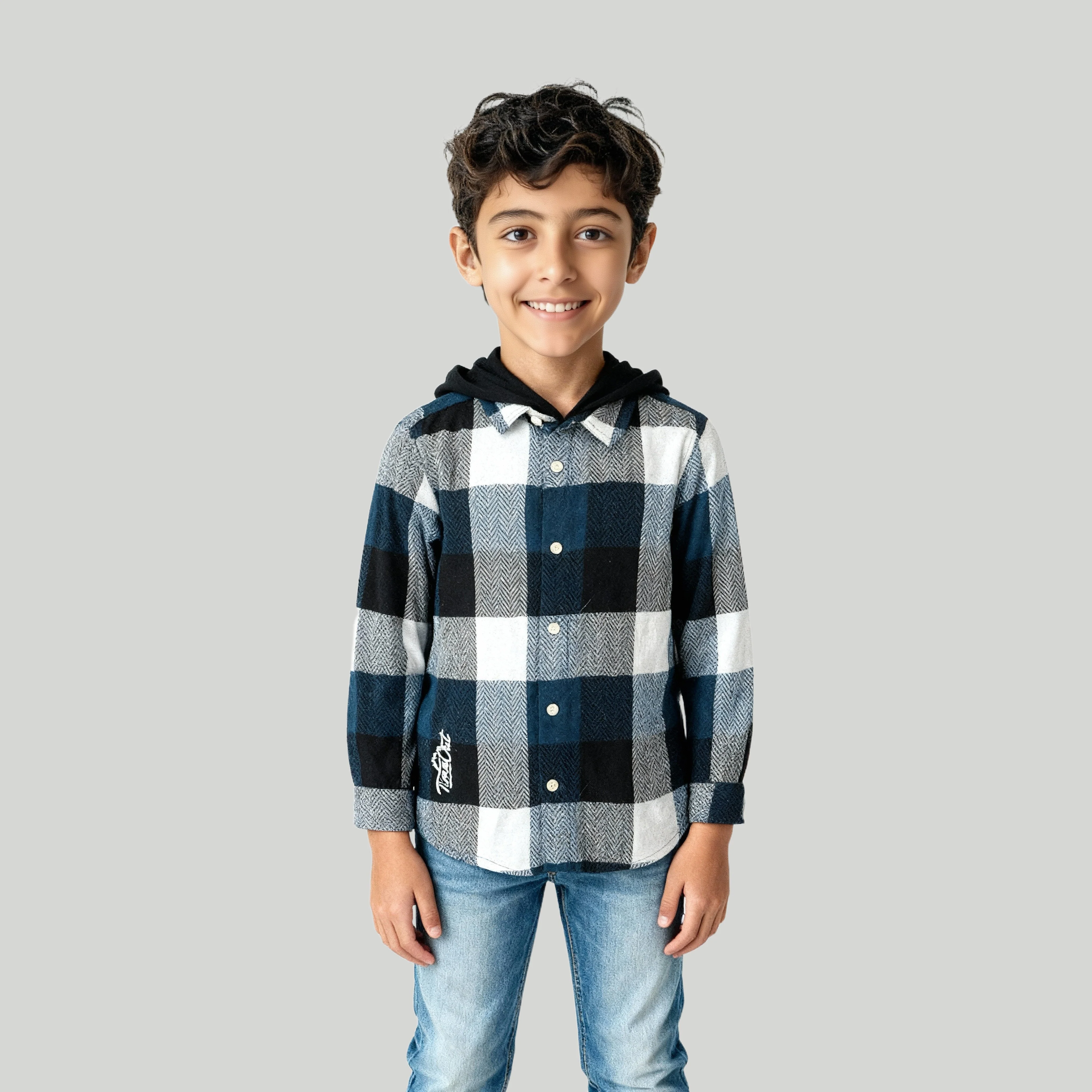 Boys Cotton Checkered Hoodie Shirt - Image 2