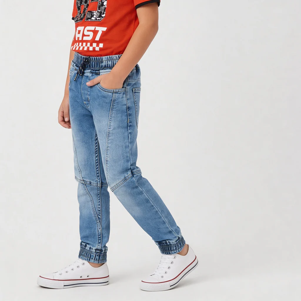 Boys Havily Washed Denim Jogger With Cut and Sew Details - Image 5
