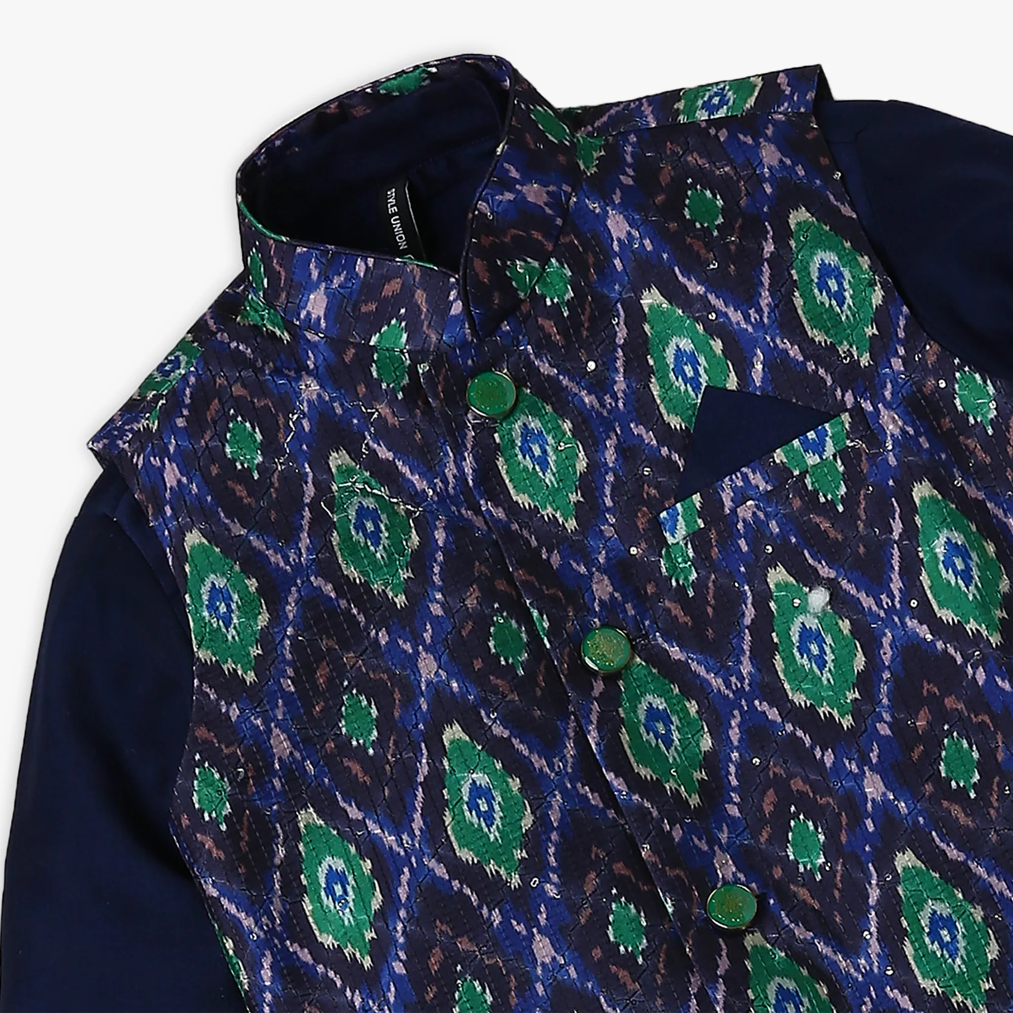 Boy's Regular Fit Printed Kurta & Pant With Jacket Set - Image 4