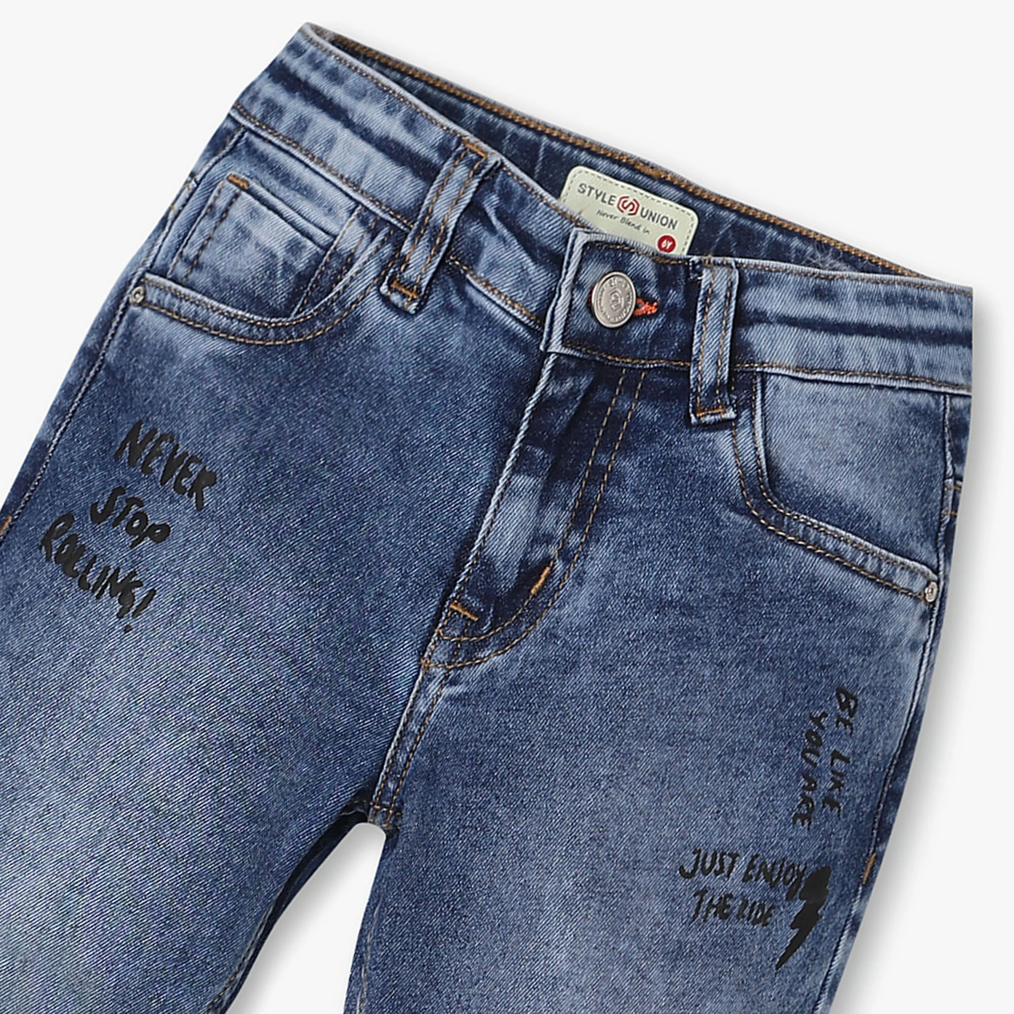 Boys Slim Fit Heavily Washed Printed Jeans - Image 3