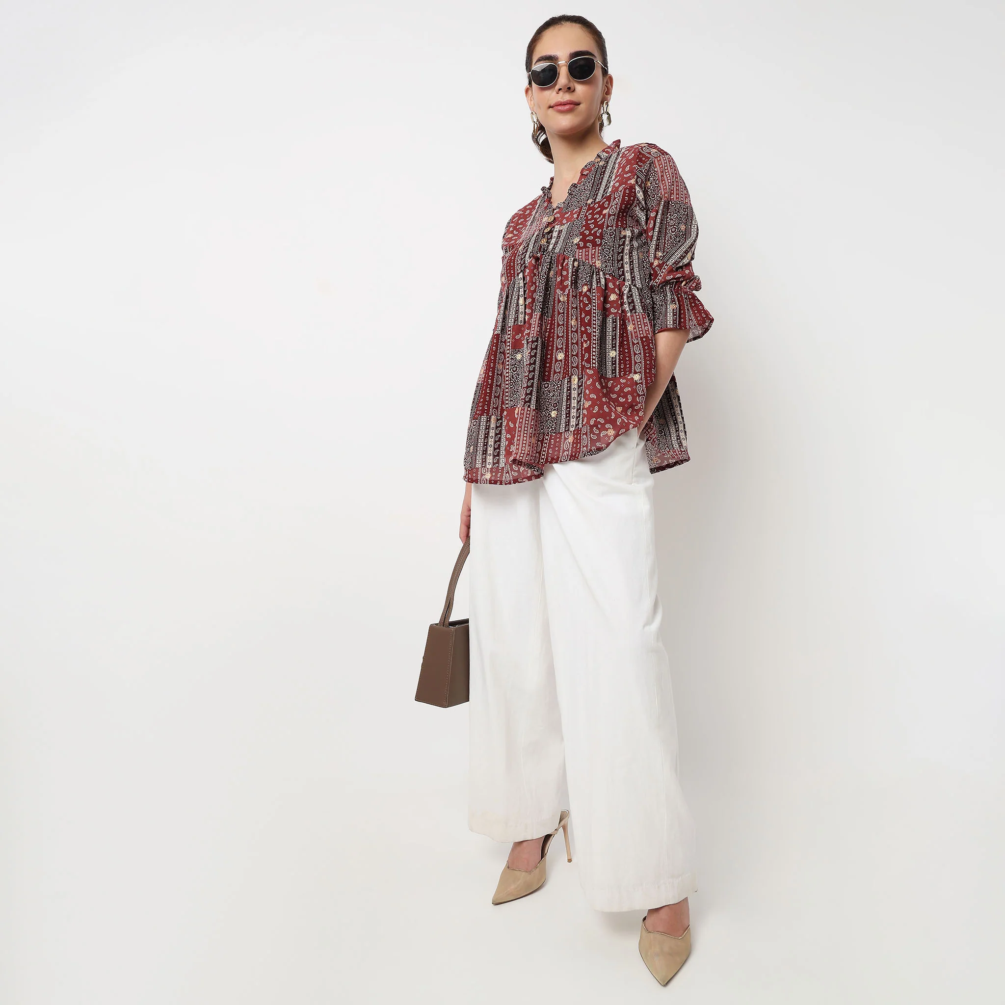 Button Down W Cut Ruffle Neckline Top