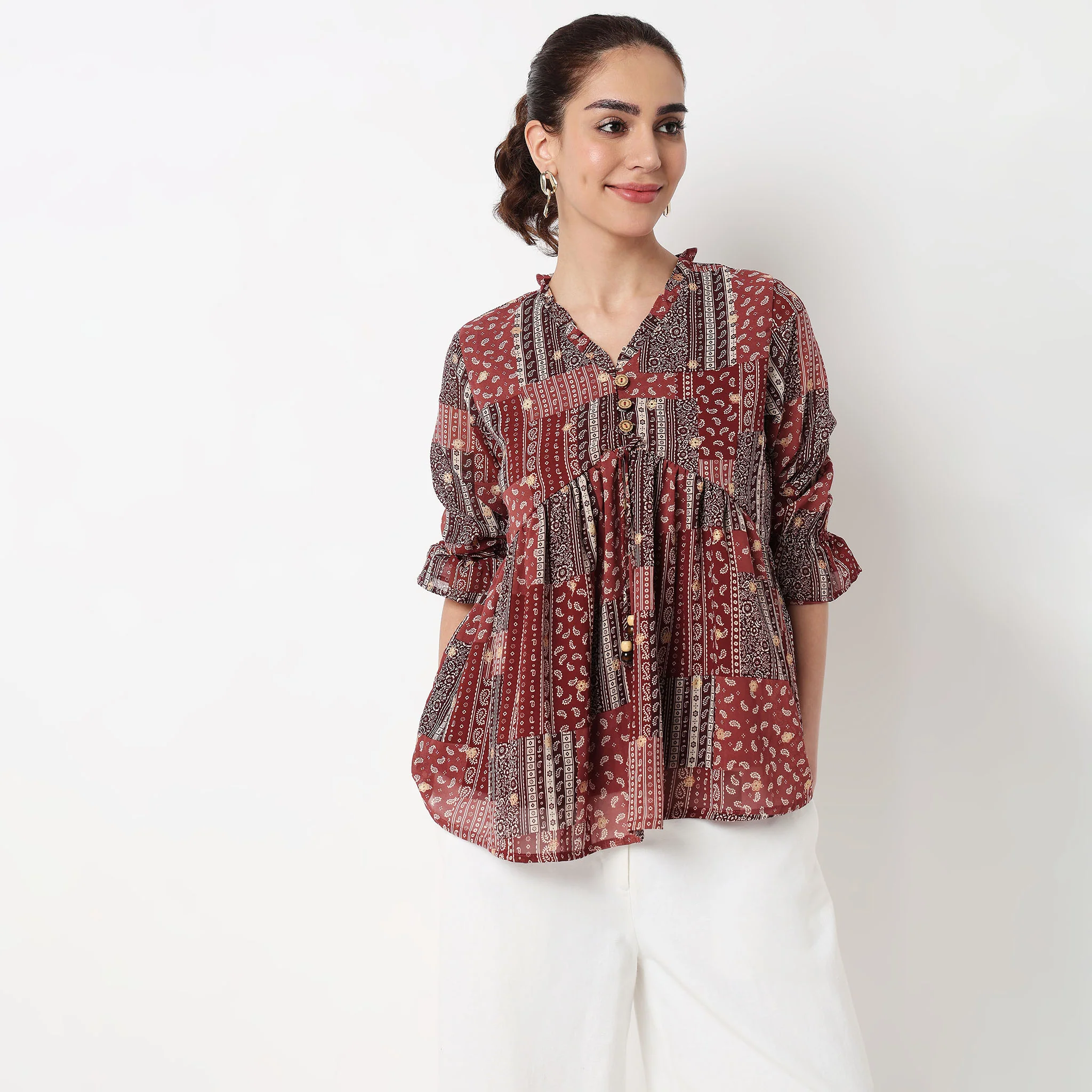 Button Down W Cut Ruffle Neckline Top - Image 2