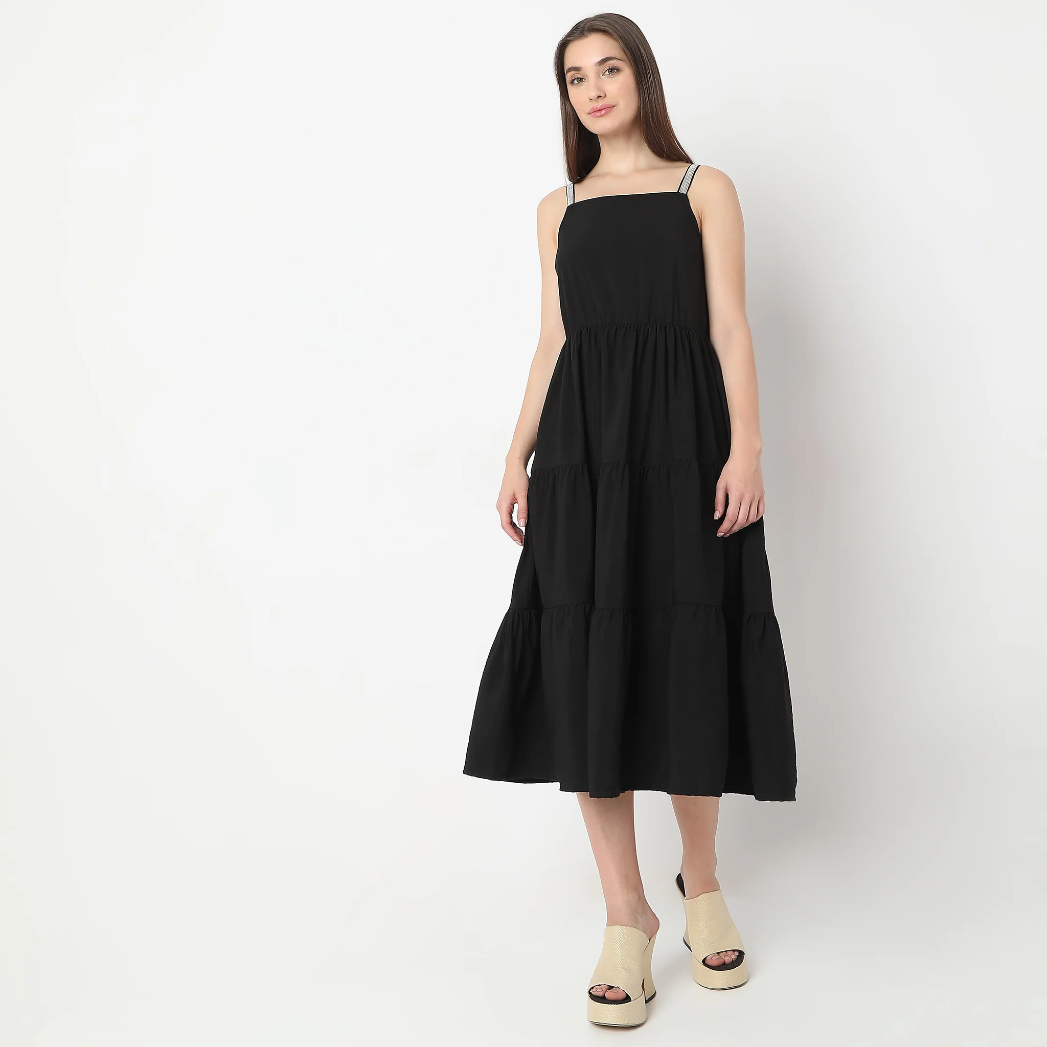 Calf Length Solid Flare Fit Party Dress - Image 2