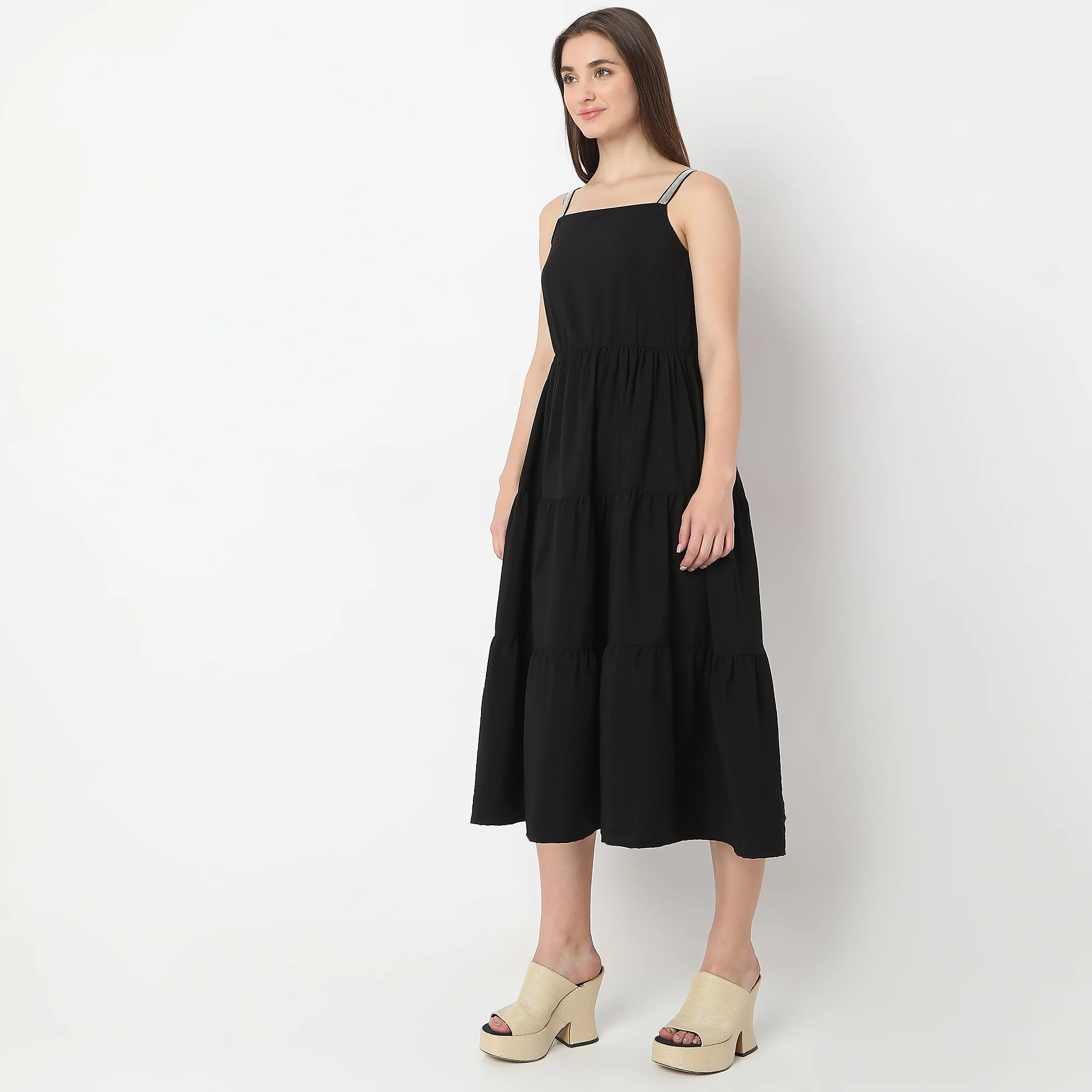 Calf Length Solid Flare Fit Party Dress - Image 5