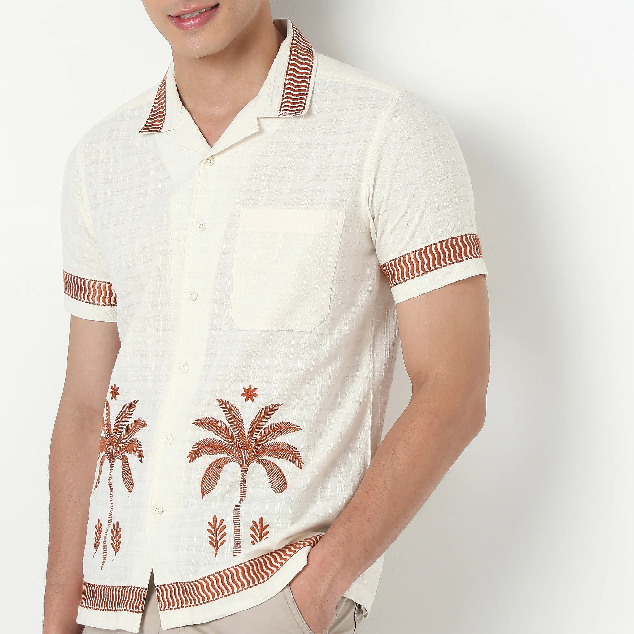 Camp Collar Embroidered Half Sleeve Cuban Shirt - Image 4