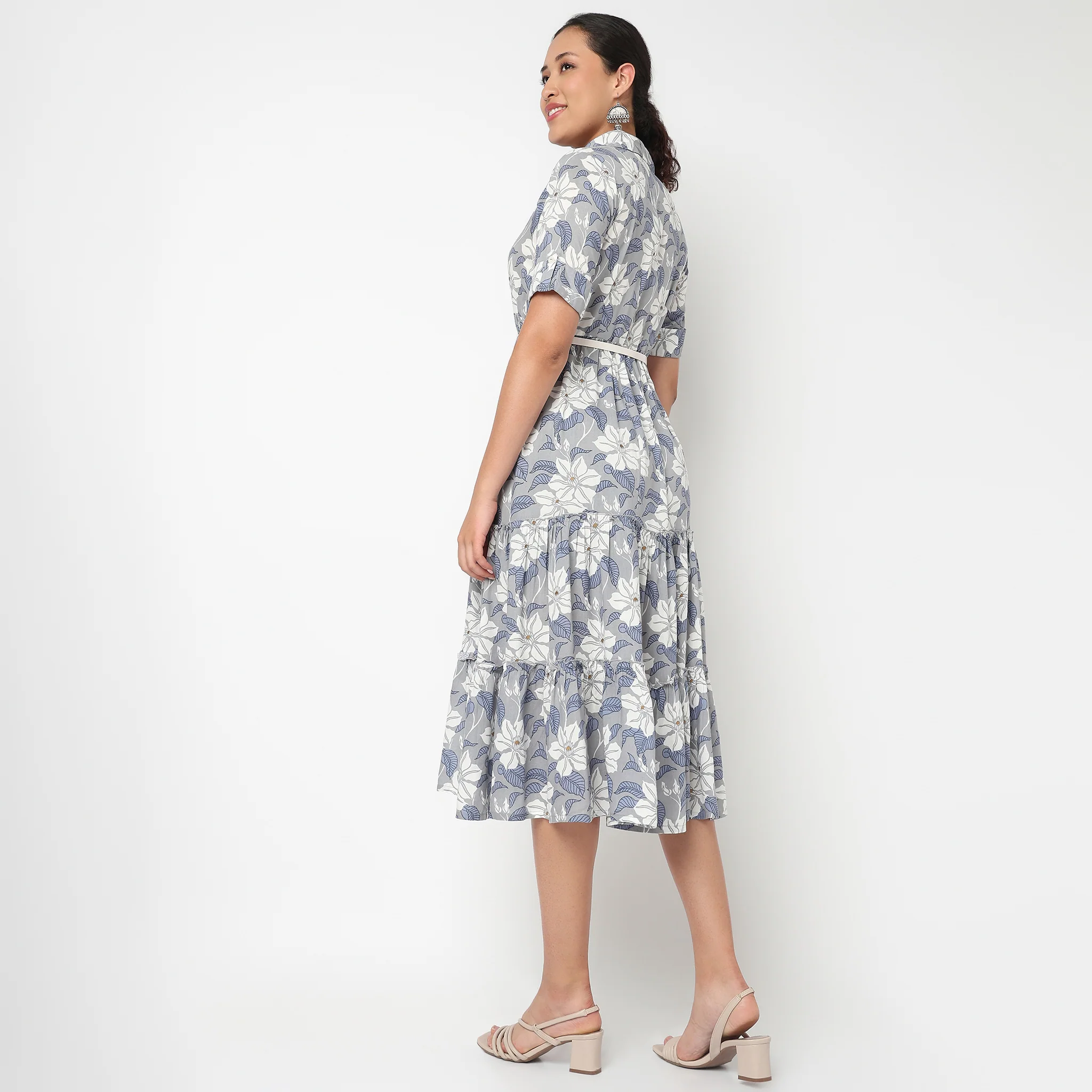 Camp Collar Tiered Floral Dress with Belt - Image 3