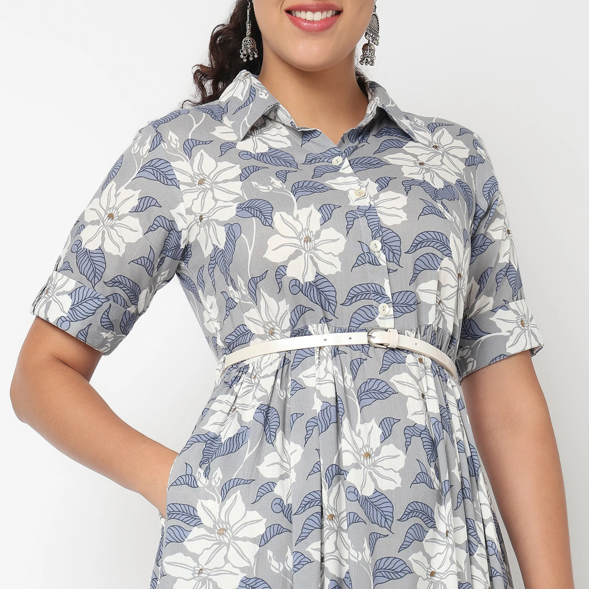 Camp Collar Tiered Floral Dress with Belt - Image 4