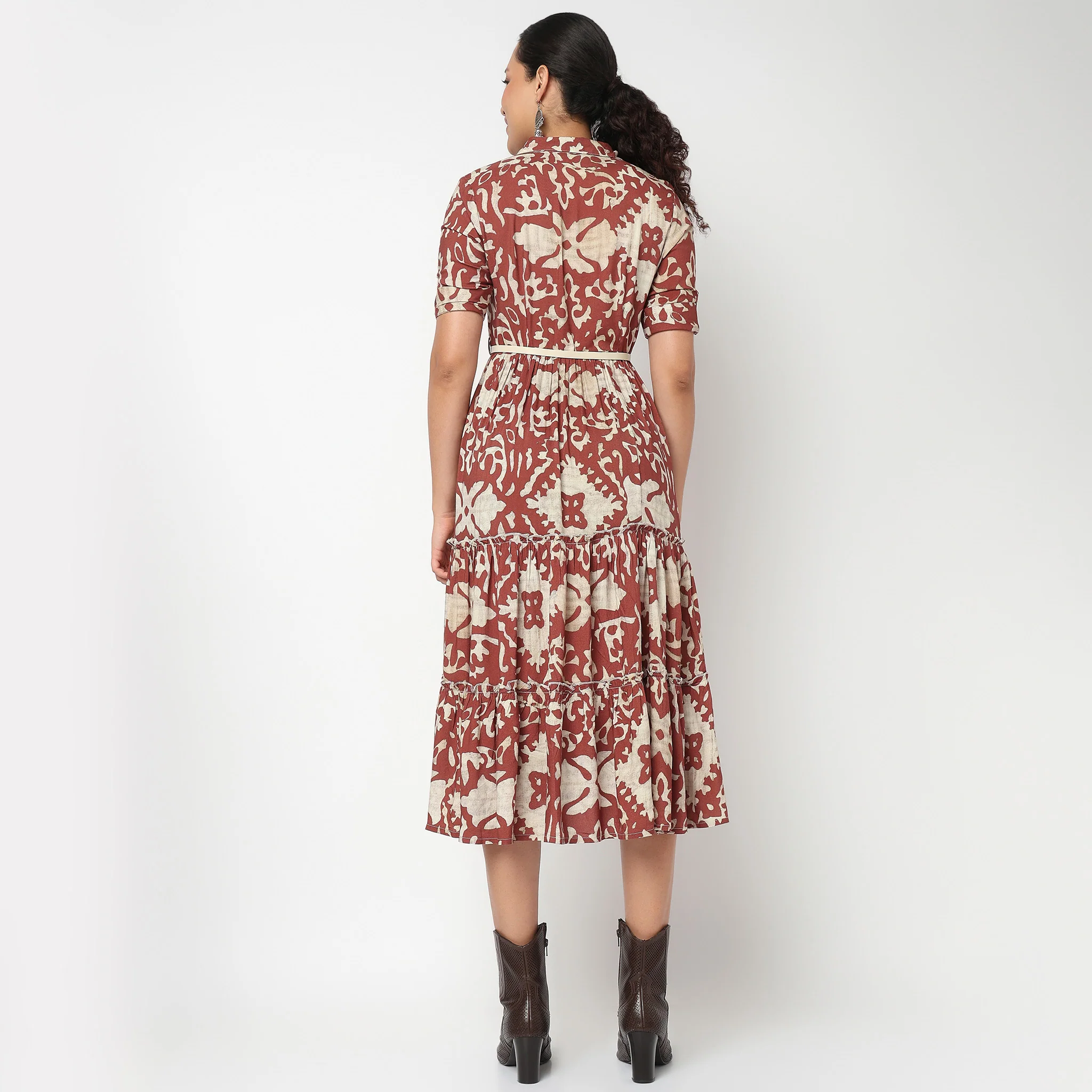Camp Collar Tiered Floral Dress with Belt - Image 3