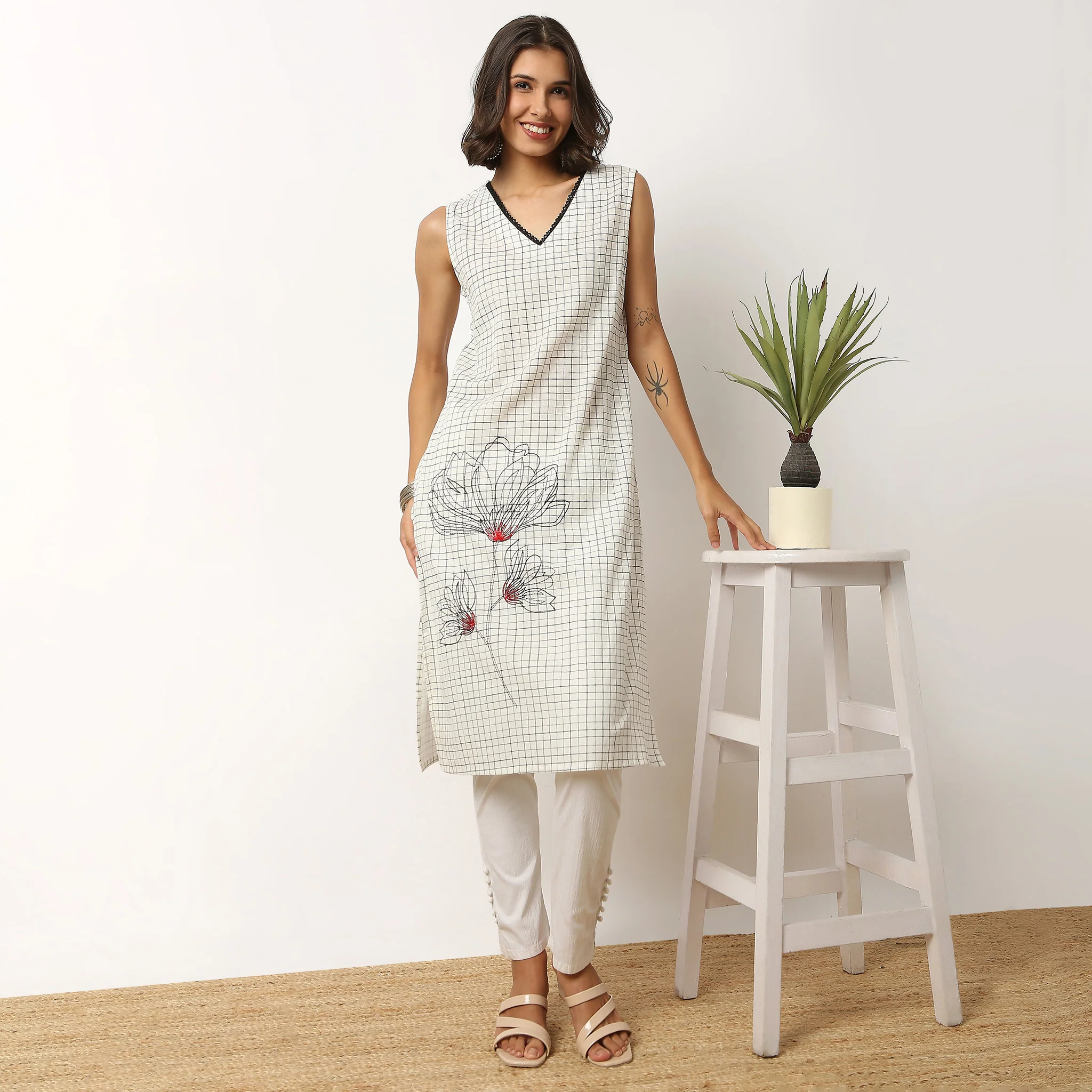 Checkered Cotton A-Line Kurta