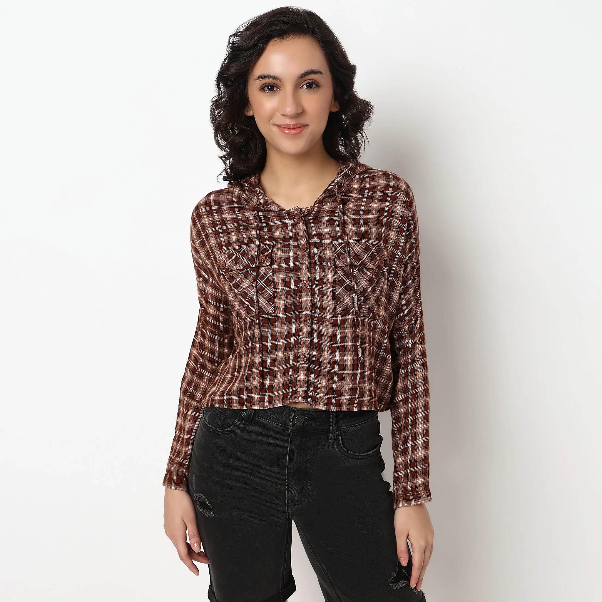 Checkered Hoodie Style Cropped Betty Shirt - Image 2